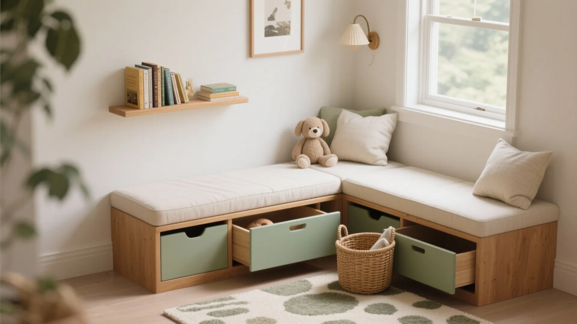 L-Shaped Bench Nook for Reading and Play