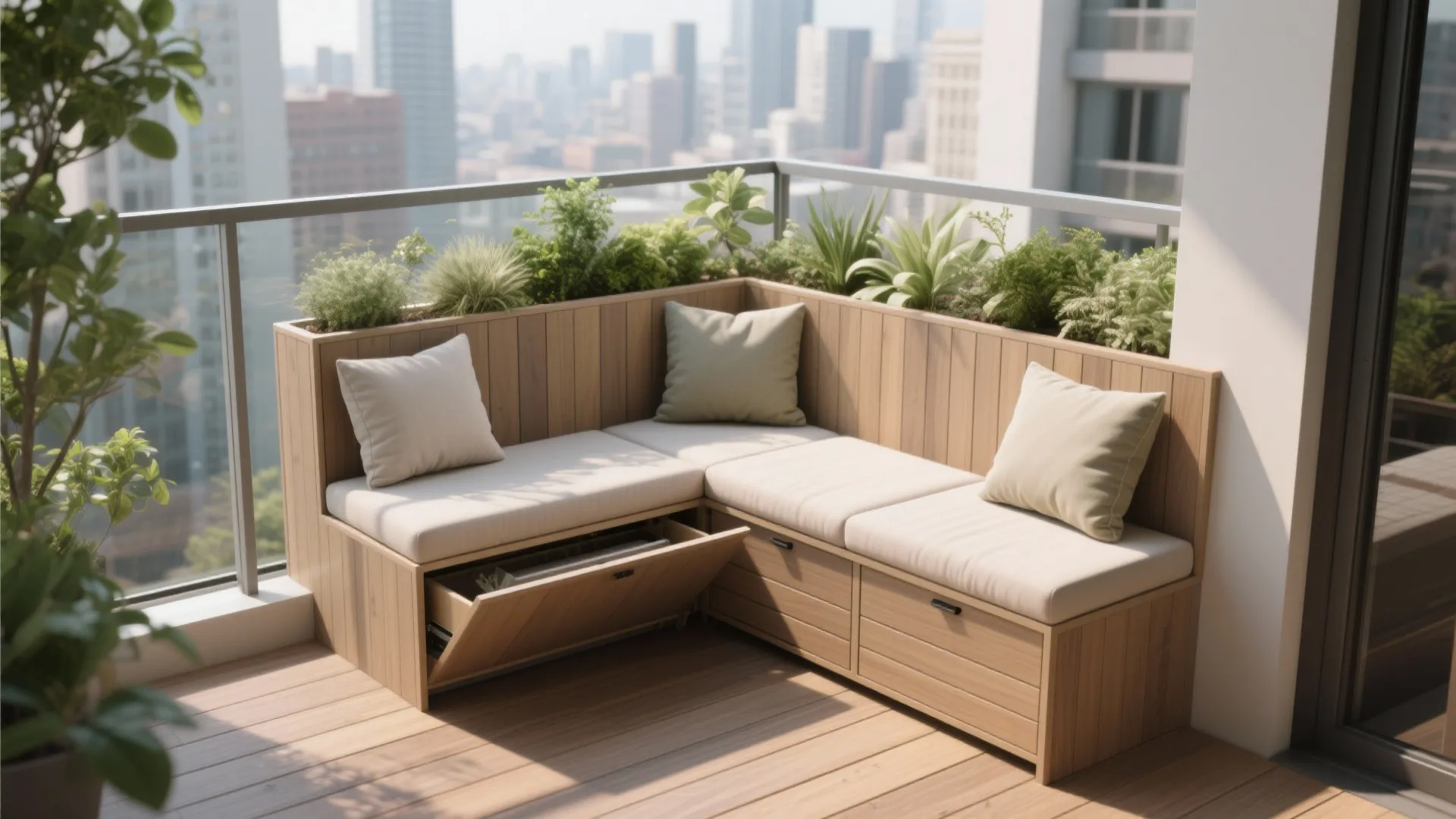 Small balcony corner with L-shaped storage bench and integrated planter in soft daylight.