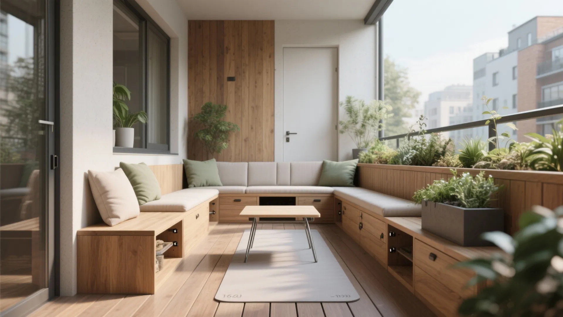 L-shaped seating with planter edges to free the floor