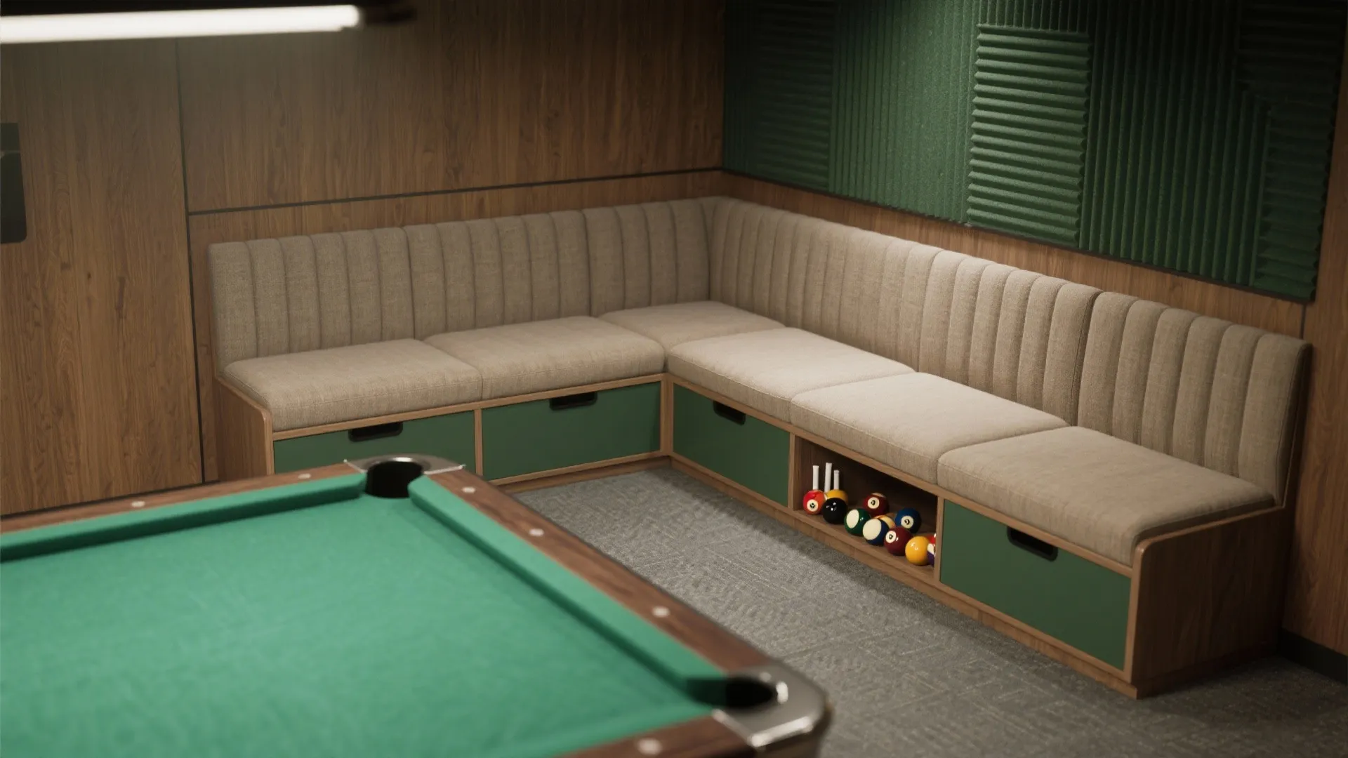 Modern game room featuring a corner sofa with green storage drawers and a pool table