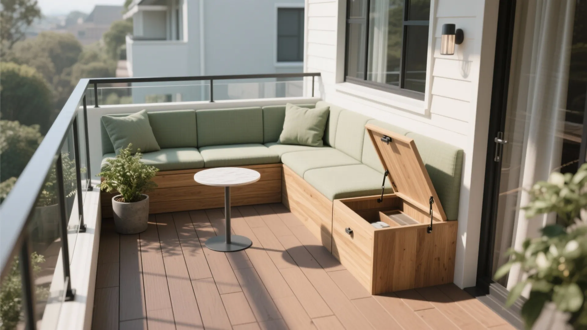 Wooden balcony sofa with green cushions featuring a built in storage box and round table