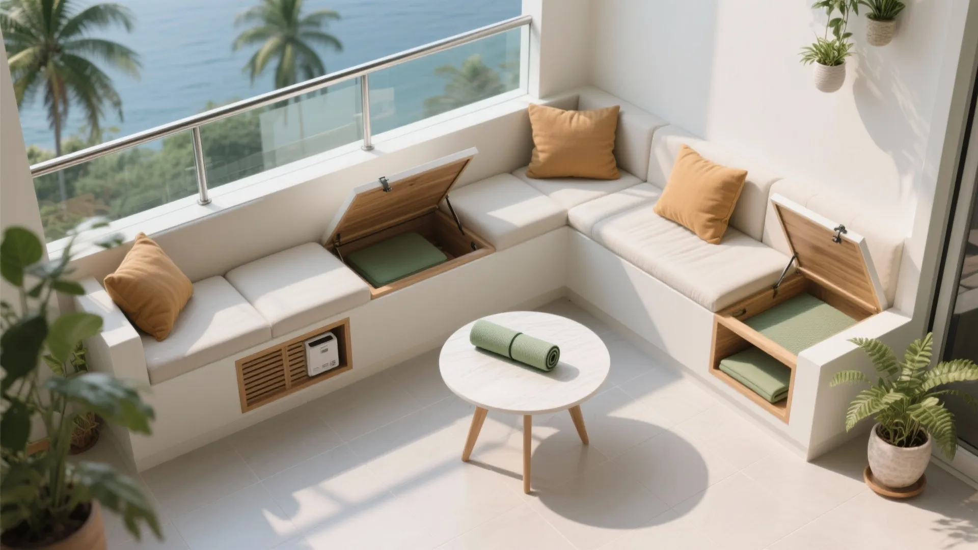 L-shaped built-in bench with hidden storage