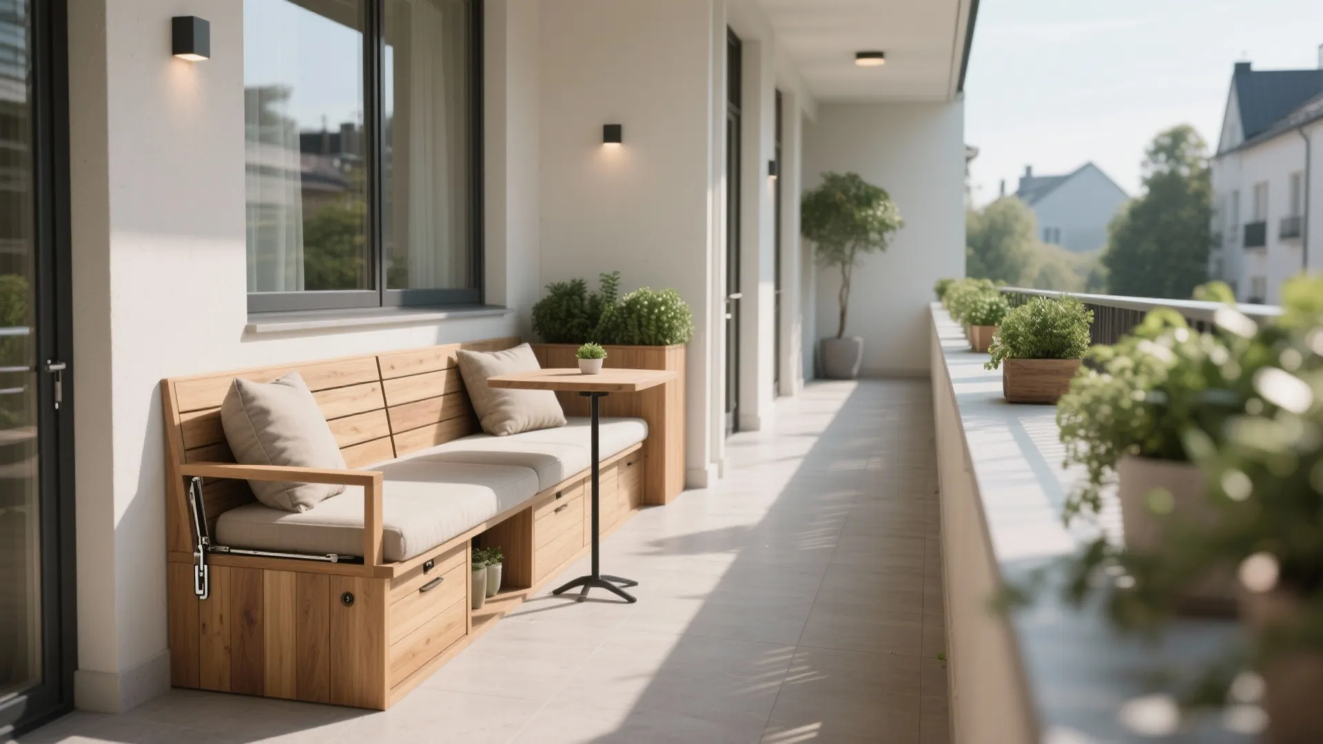 L-shaped balcony seating with hidden storage