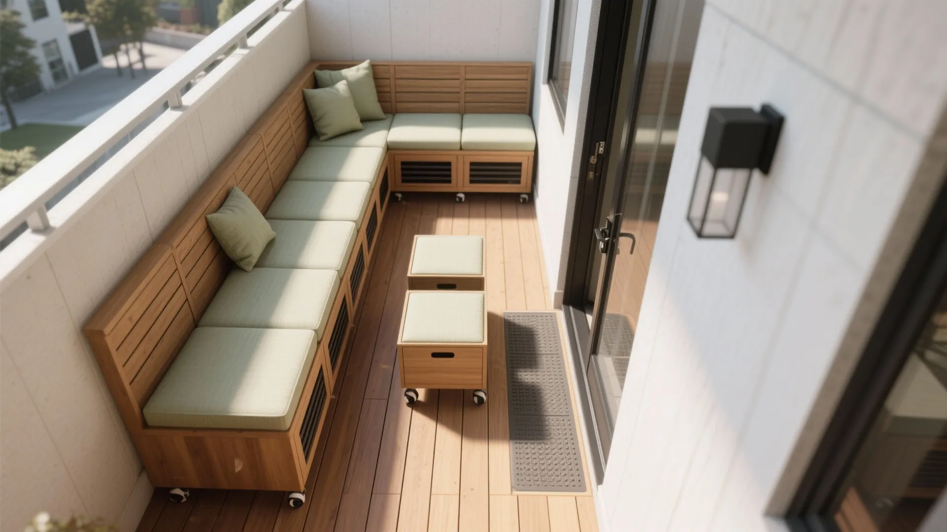 Wooden corner balcony bench with light green cushions and matching small footrests on wood flooring