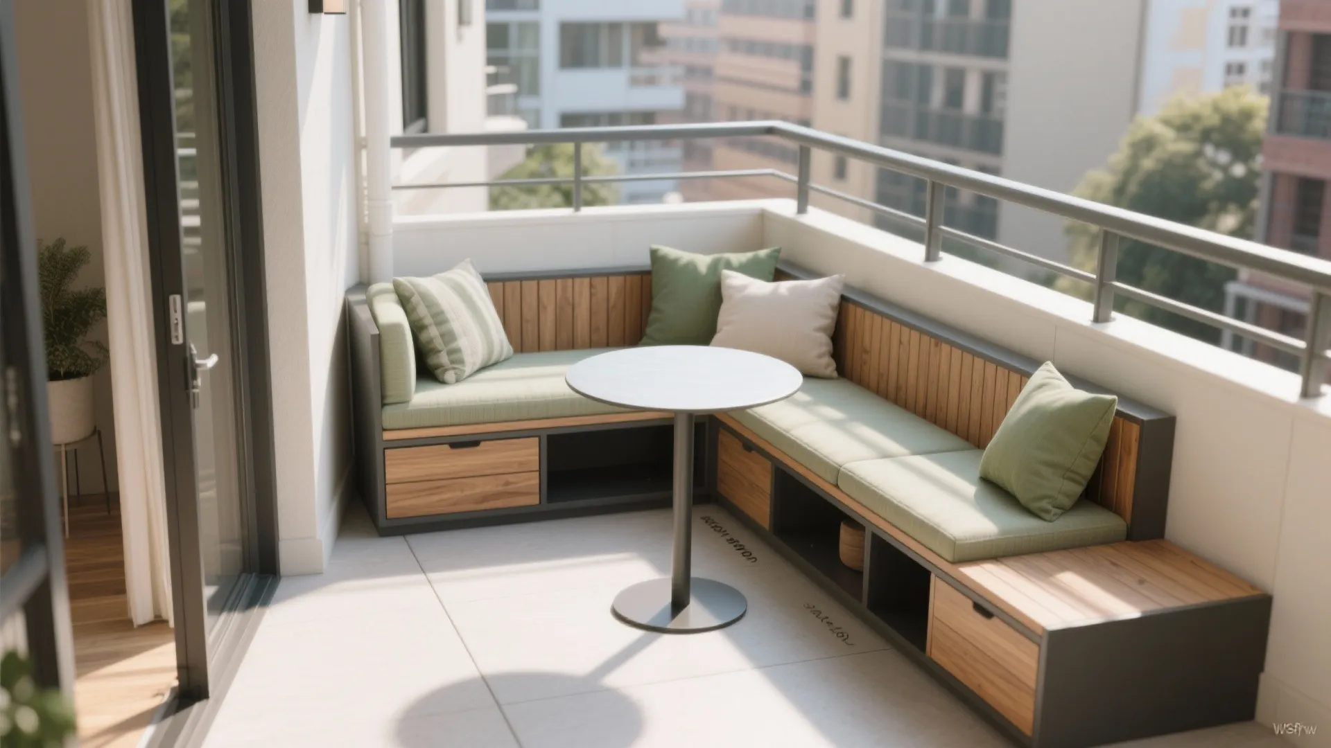 L-shaped benching with hidden storage