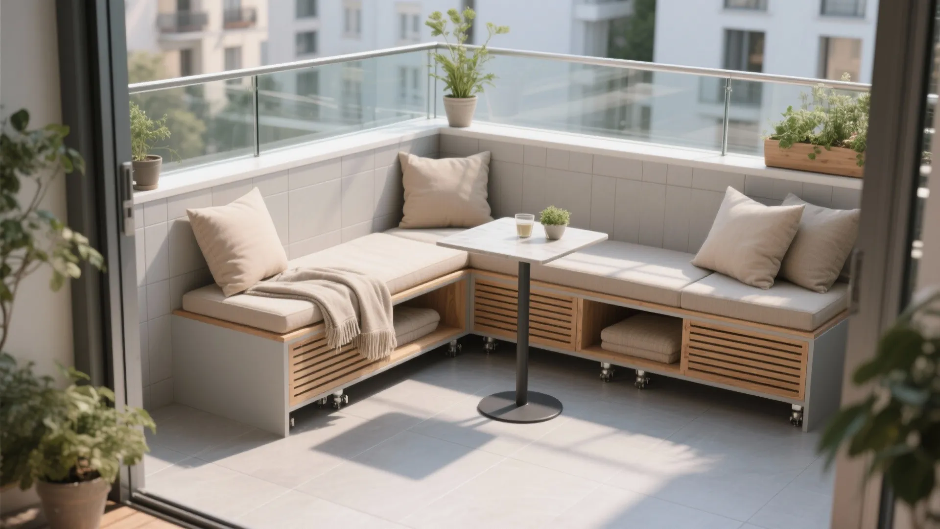 L-shaped Balcony Seating with Hidden Storage