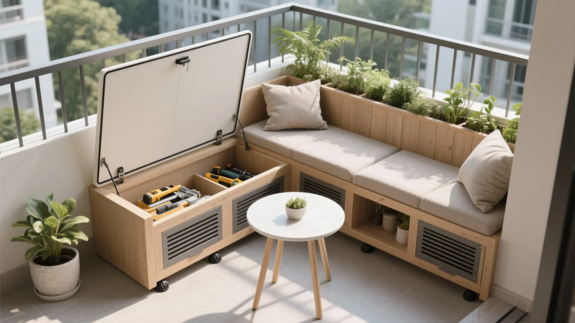 Space-maximizing L-shaped seating with storage