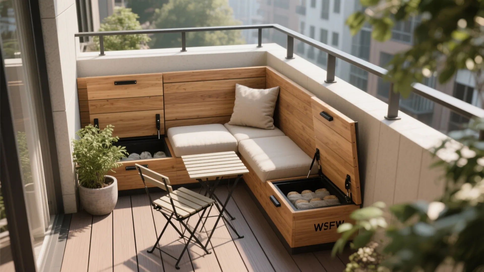 Modern balcony with wooden corner sofa including hidden storage compartments small folding table and floor plants
