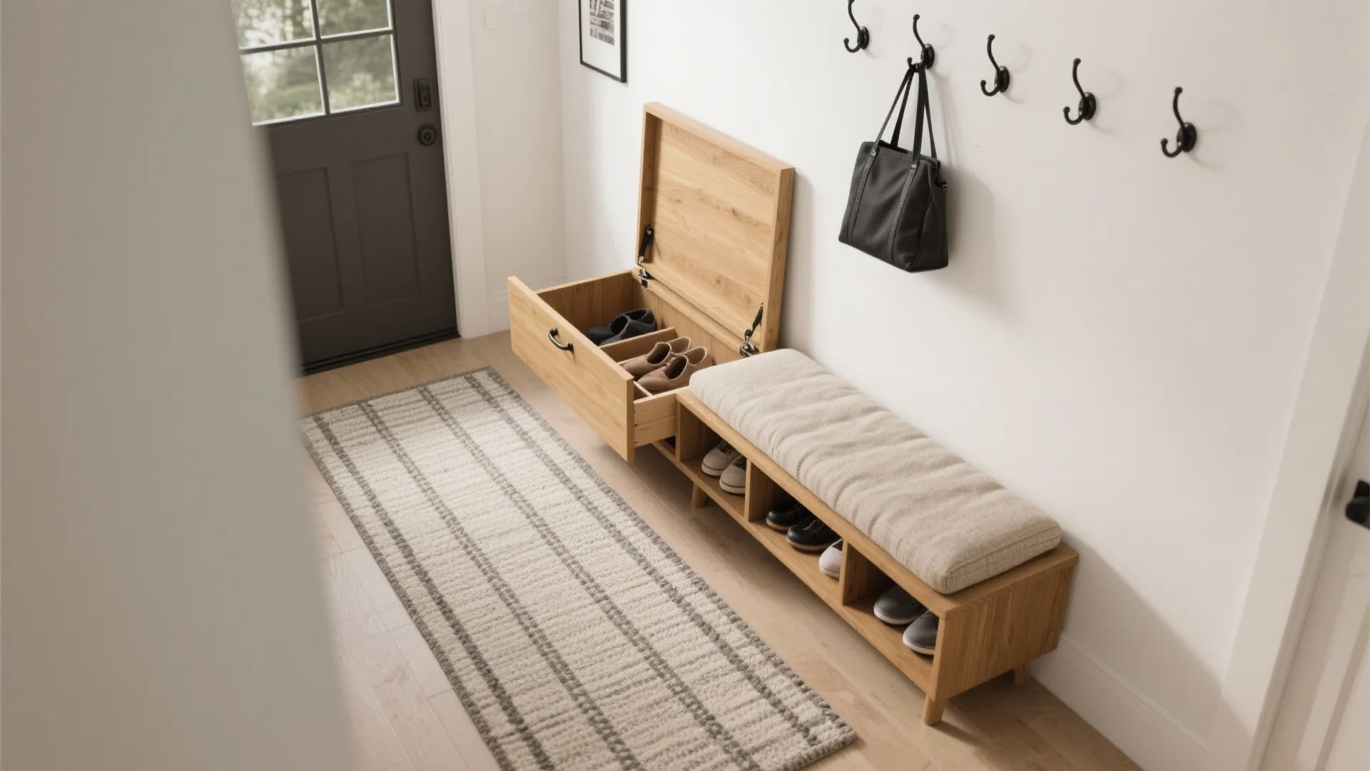 Entryway wooden storage bench with cushioned seat, open shoe drawer, wall hooks, and striped rug