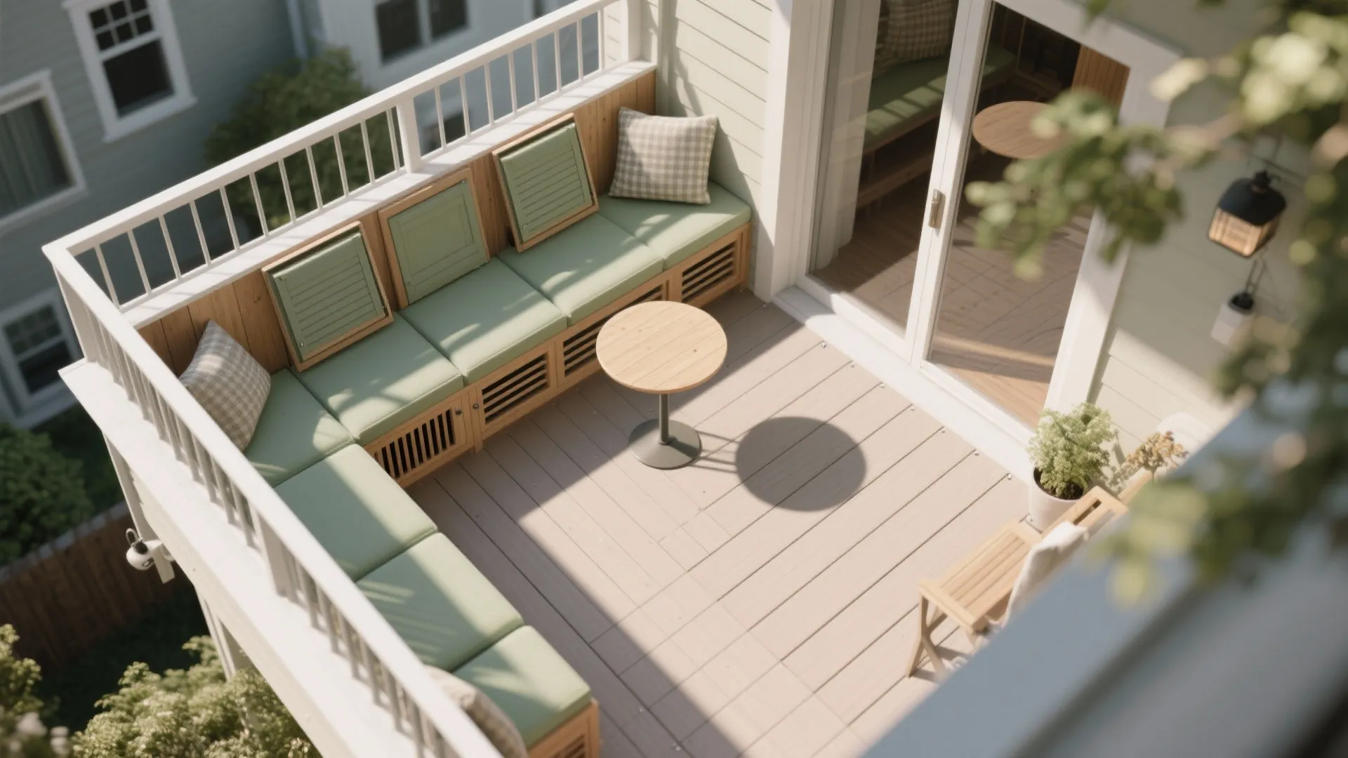Modern balcony with green cushions on wooden bench small round table white railing and sunlight