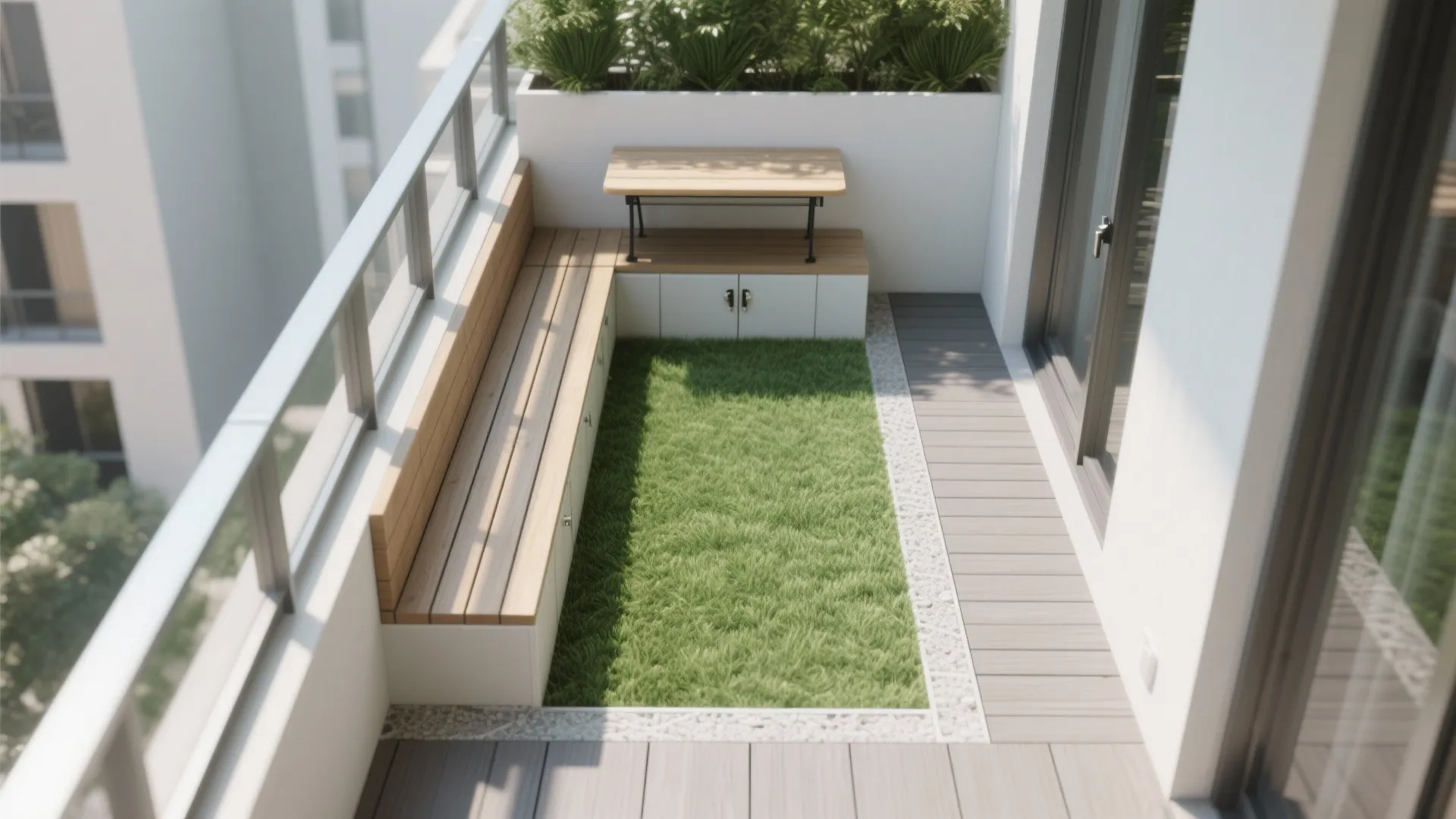 L-shaped seating with fold-down table to maximize floor