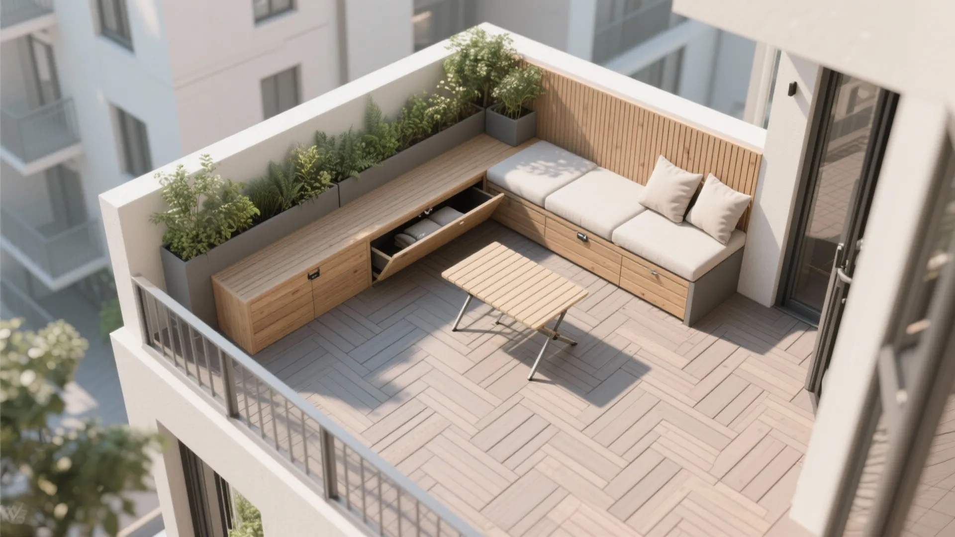 L-shaped bench seating to free floor space