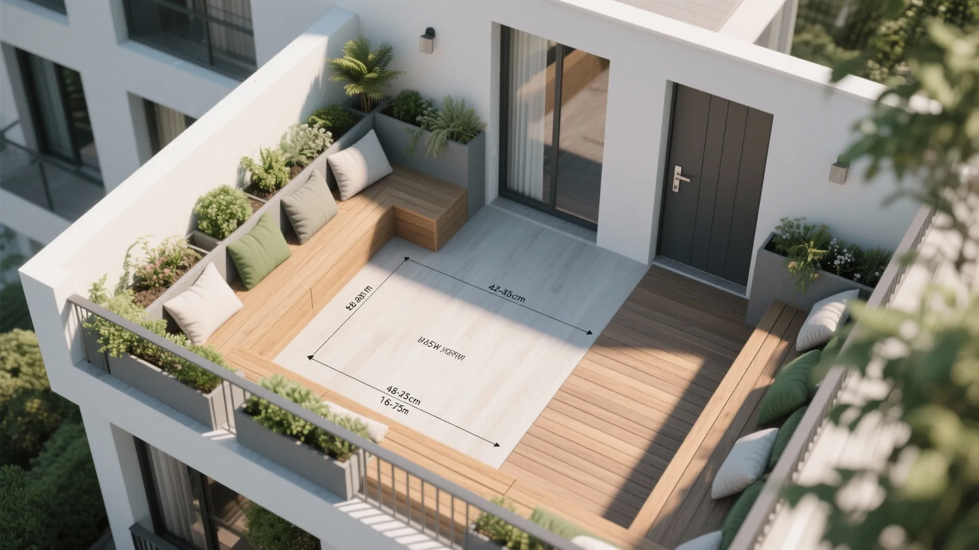 L-shaped seating with planter edges to free the floor