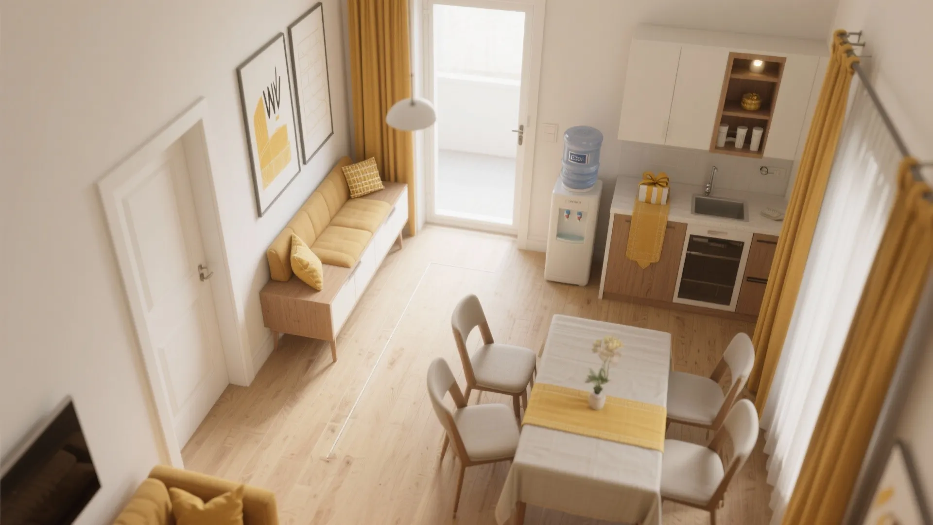 Modern apartment interior design with yellow sofa wooden furniture dining table and open kitchen area view