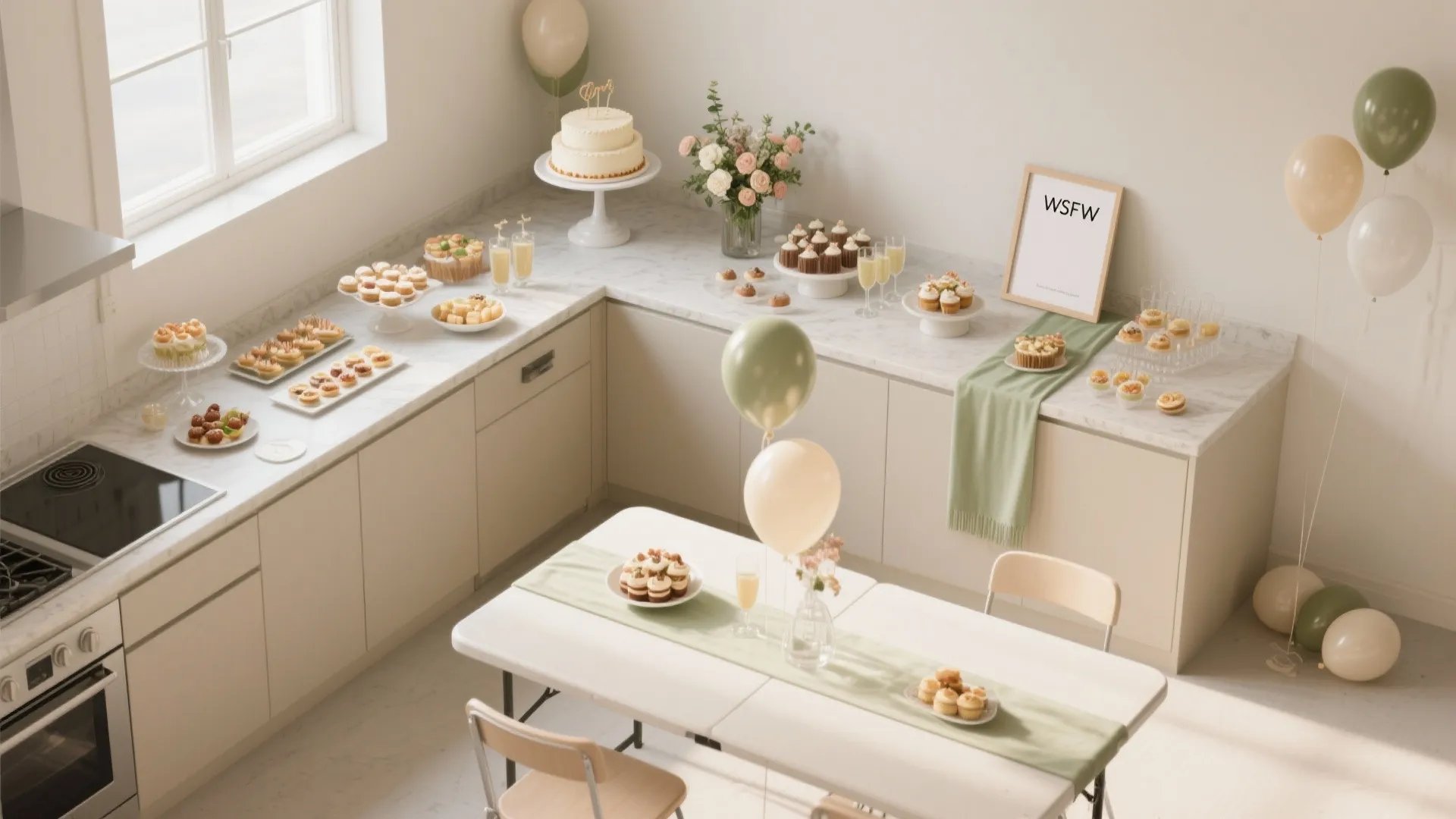 Modern kitchen marble counter decorated with party desserts cake green balloons flowers and dining table