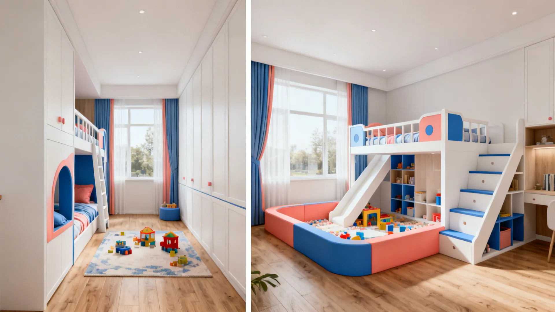 Before-and-after view showing a cramped linear bunk versus a spacious L-shaped layout.