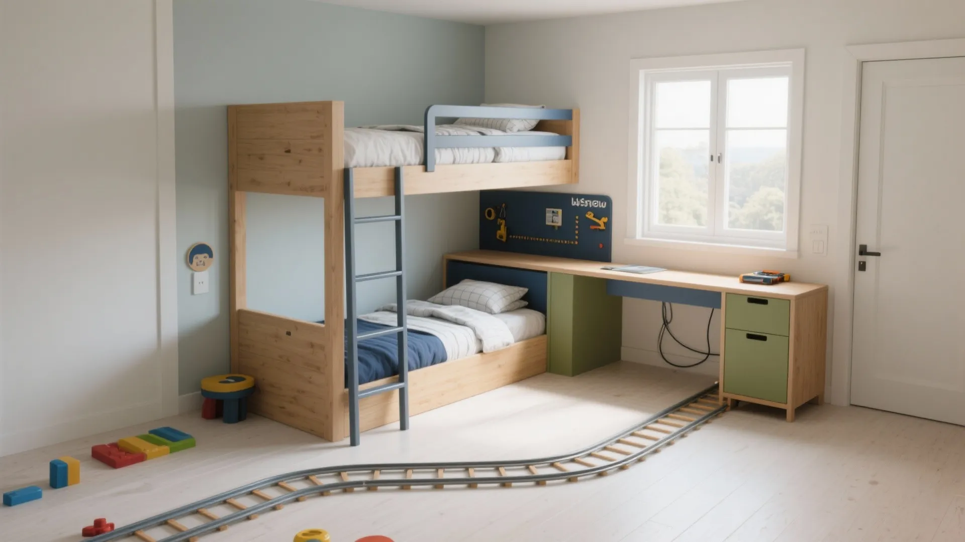 1) L-shaped bunk-and-desk planning that opens up a play core