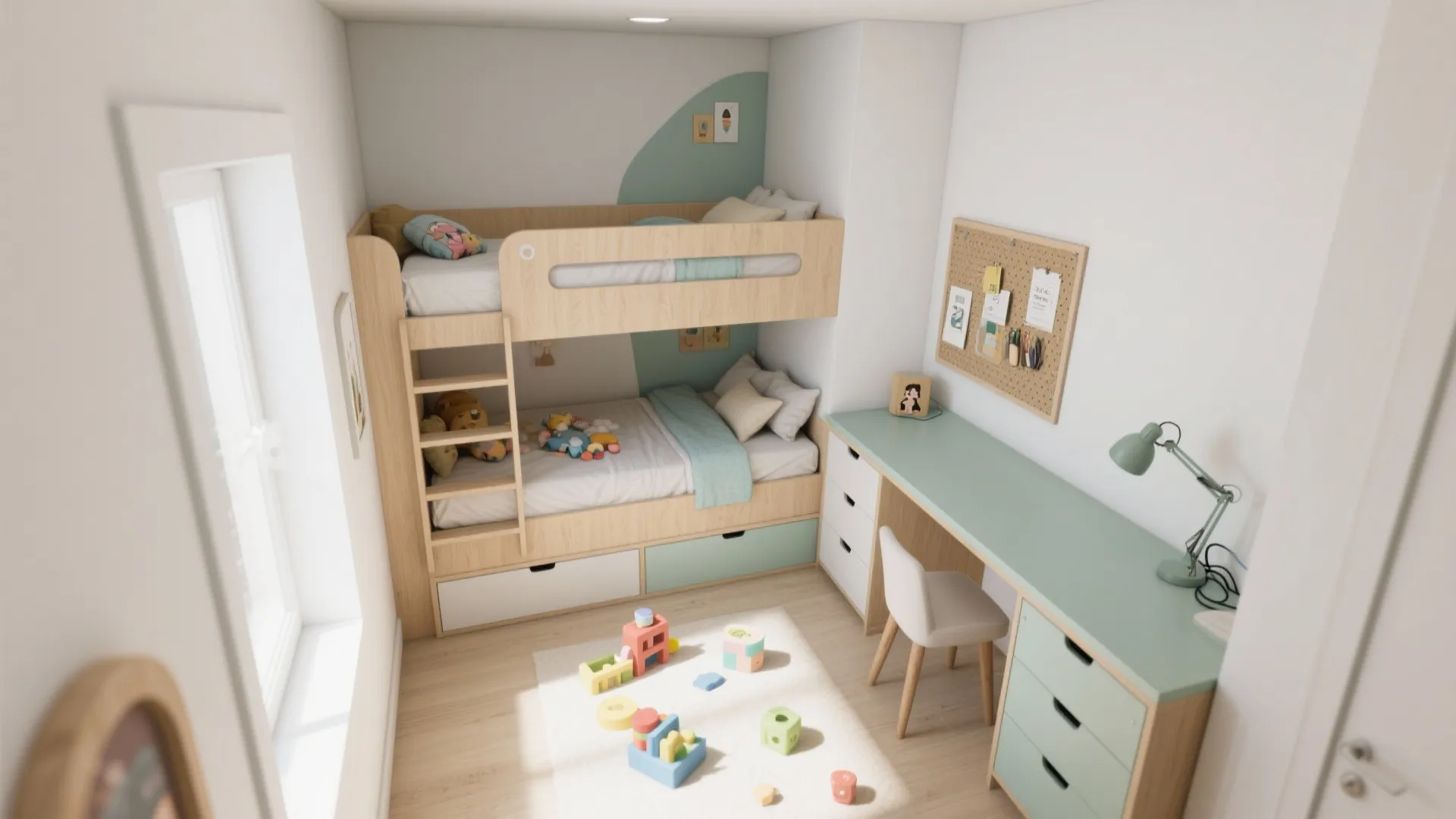 L-Shaped Bunk + Desk Layout Frees Play Space