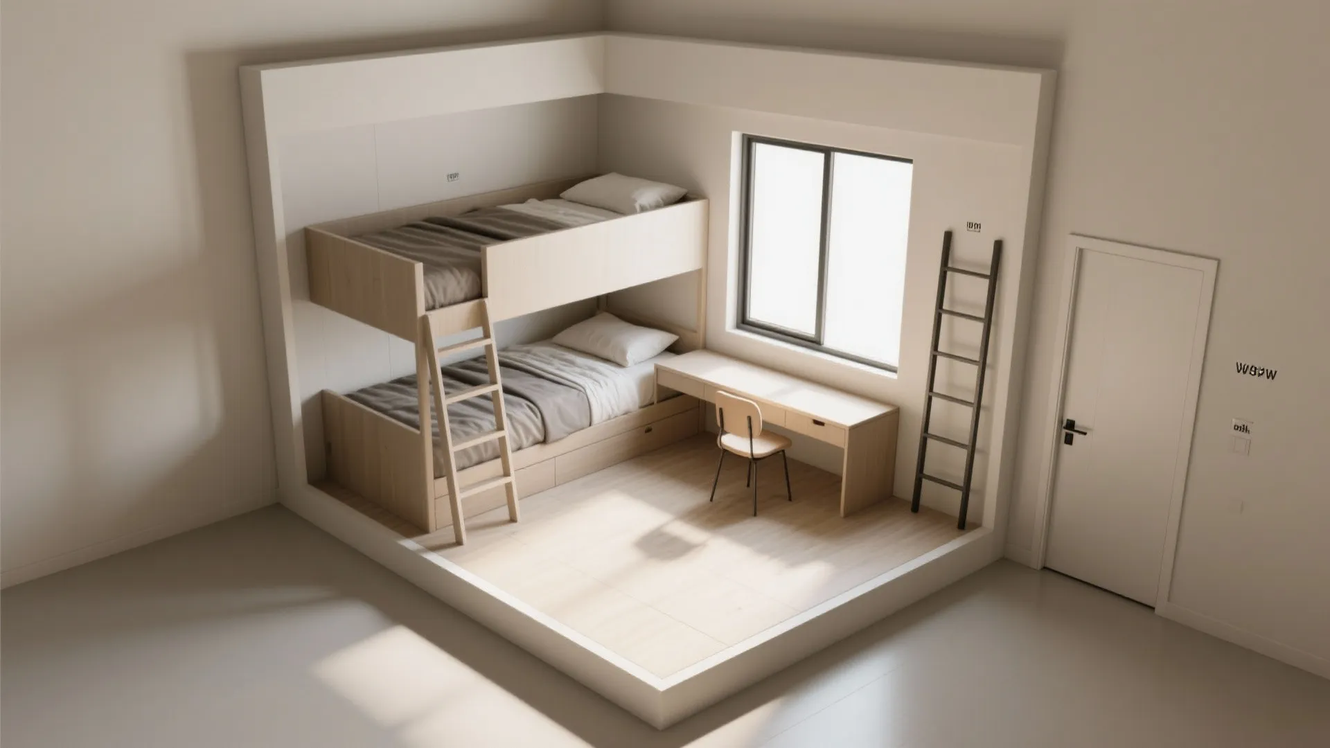 L-shaped bunk to free the window wall