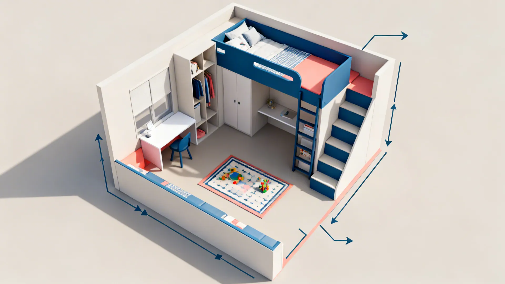 Top-down plan view of an L-shaped bunk layout with central play area and clearances.