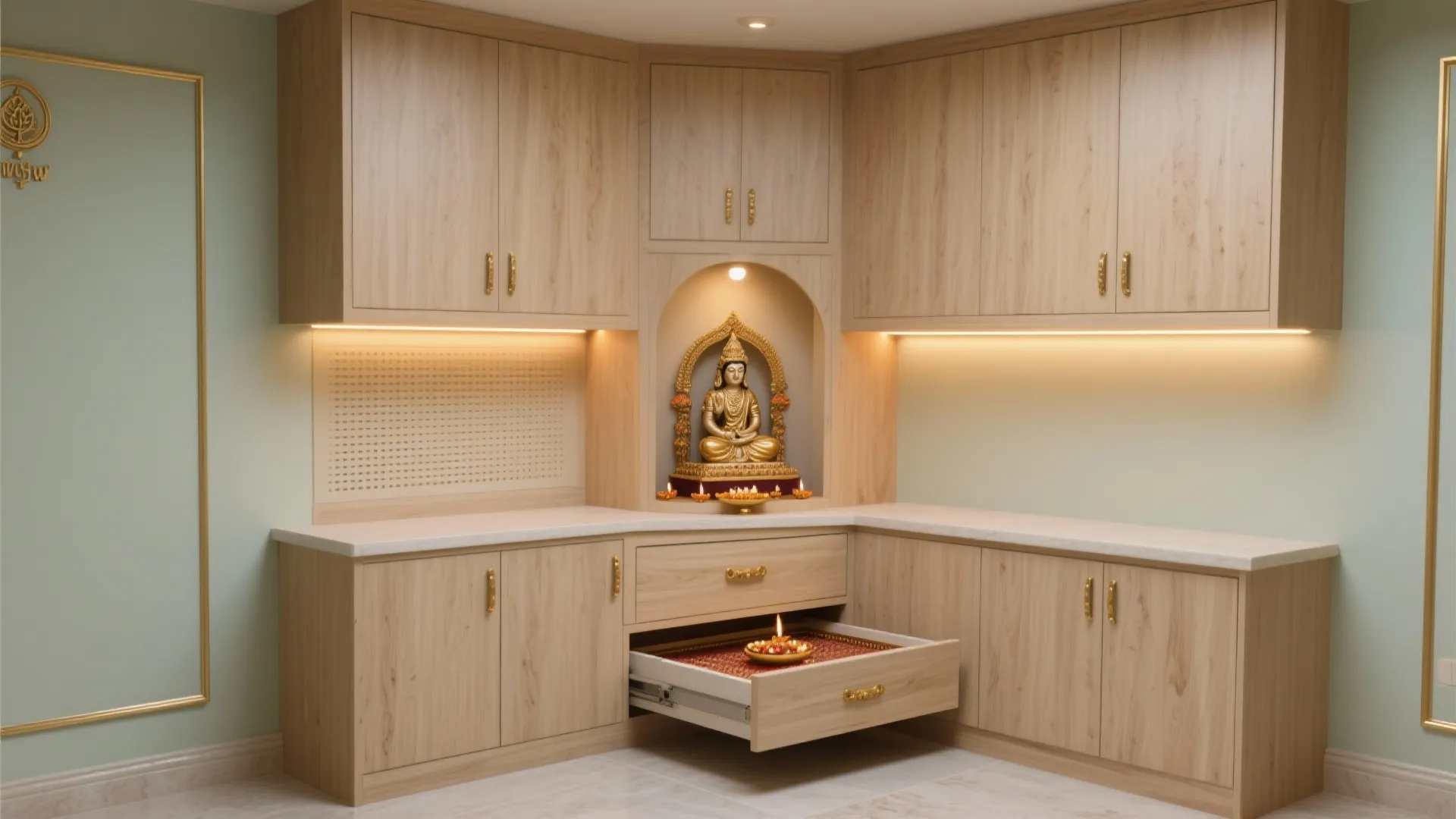 L-Shaped Corner Mandir Integrated with Cabinetry