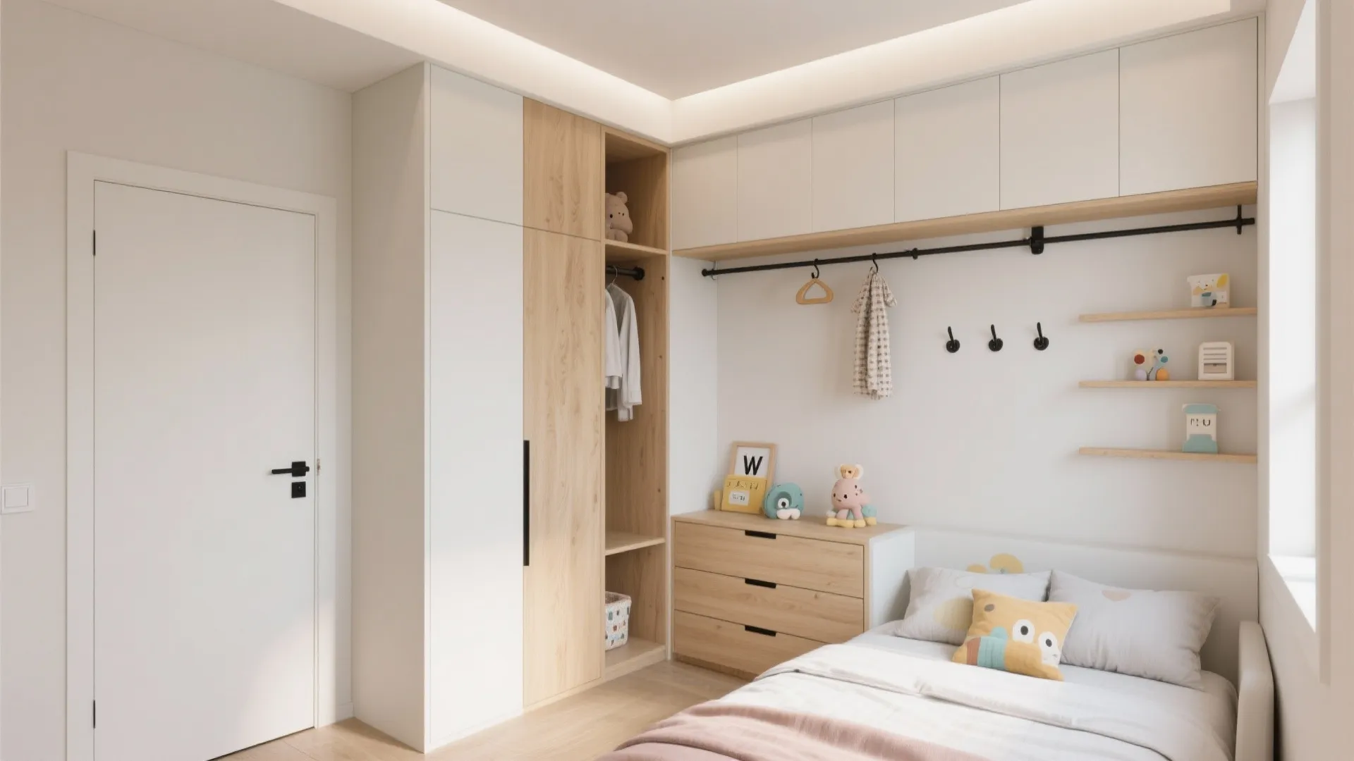 Modern white and wood bedroom closet with built-in shelves desk hanging rod and small bed