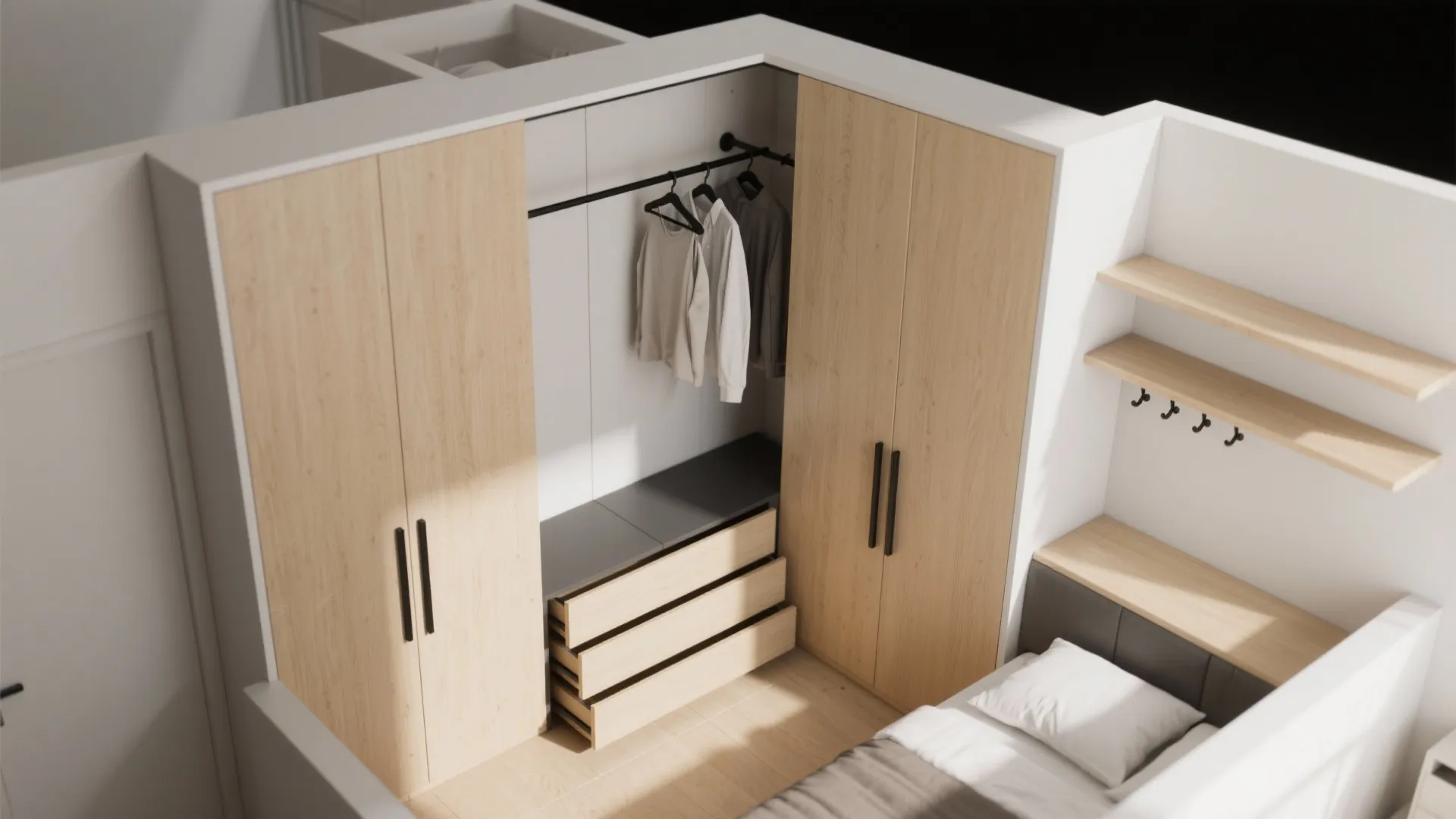 Top view of L-shaped wooden wardrobe design with hanging clothes drawers and bedroom furniture layout