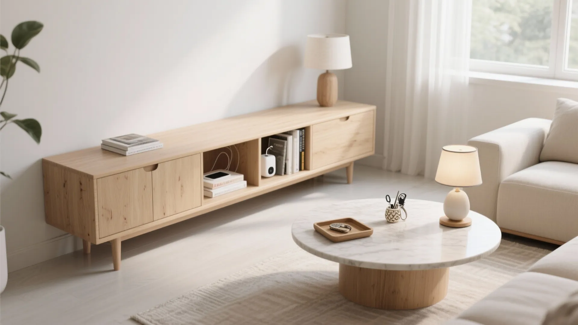 3. L-shaped console + round side table + tray