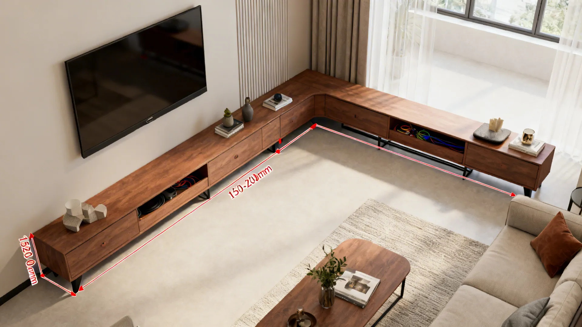 Top-down view of an L-shaped media console layout showing cable space and clear walkways.