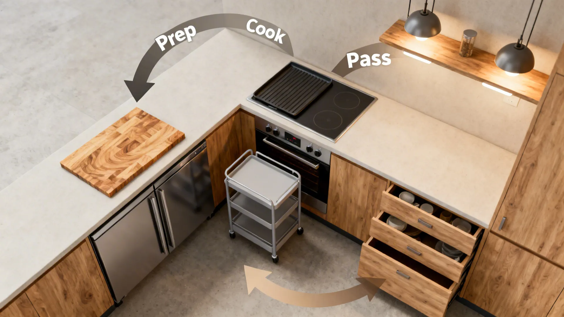 Kitchen layout showing prep, cook, and pass areas with wooden cabinets, stove, and open drawers