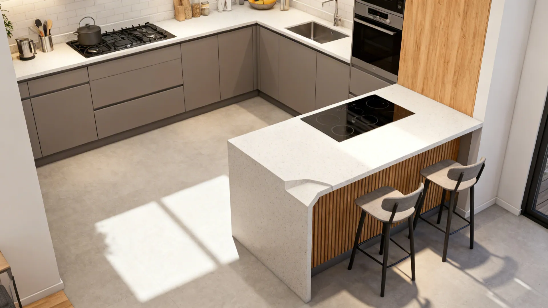 Top-down view of an L-shaped kitchen core with a short G peninsula and two seats.