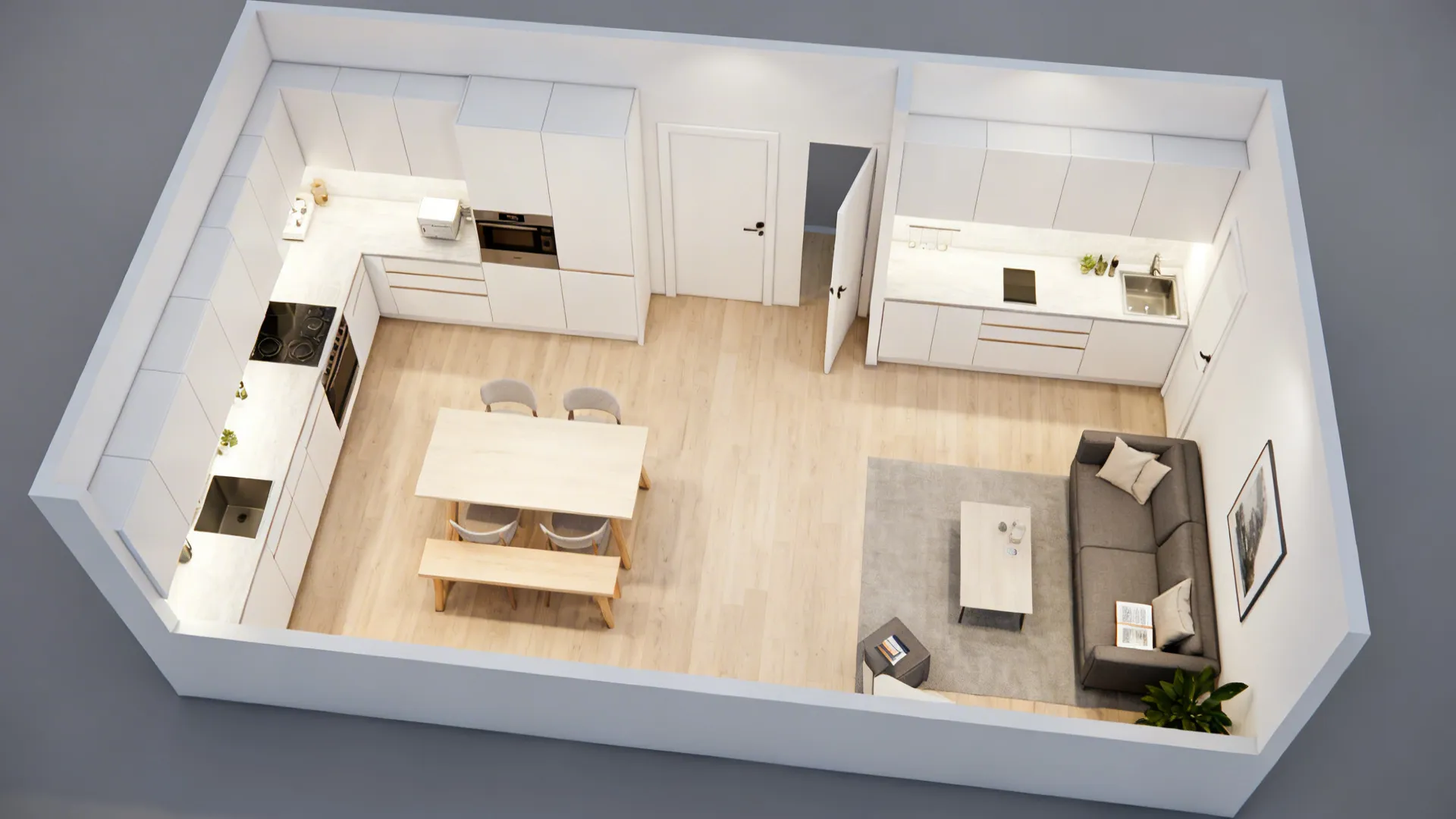 2) L-Shaped Core: Kitchen + Dining with Dual Lounge Flow