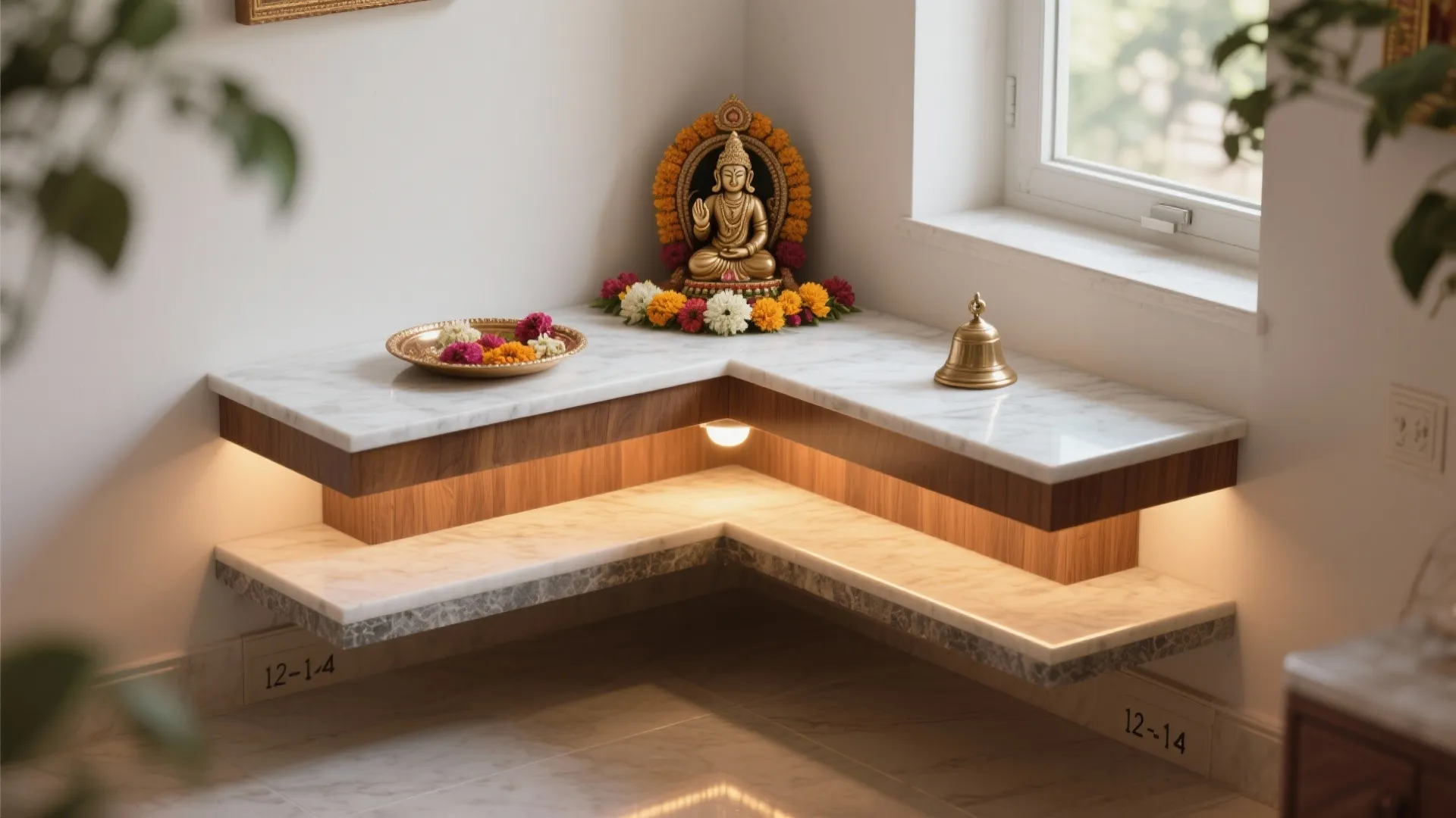Floating marble corner shelves with small statue and bell under window with warm wall lights