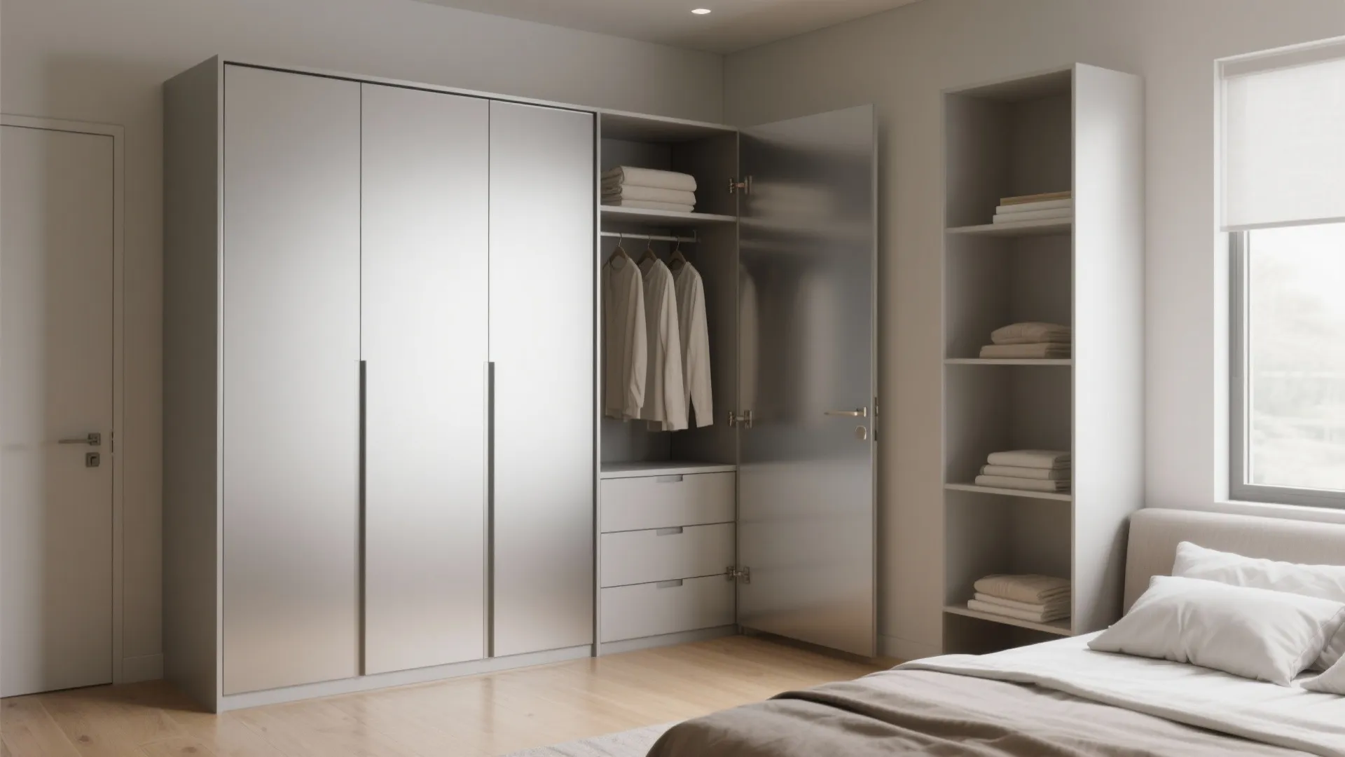 Modern grey corner wardrobe with open door showing hanging clothes drawers shelves and wood floor