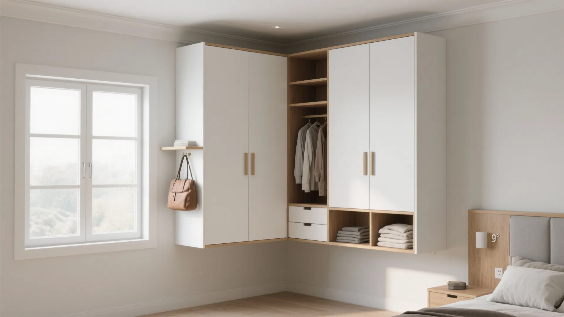 Modern white and wood corner wall cabinet in a bedroom with window and hanging clothes
