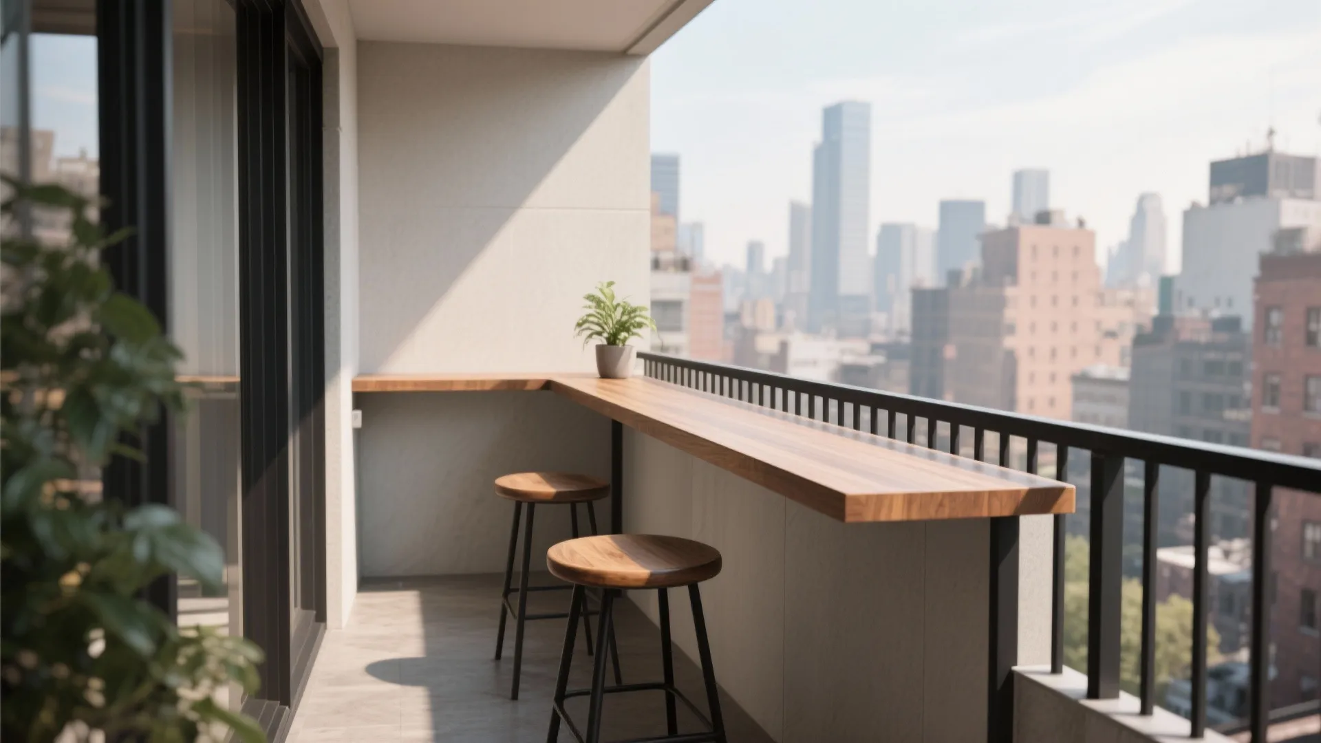 Modern balcony with wooden corner bar counter two wooden stools small green plant and cityscape