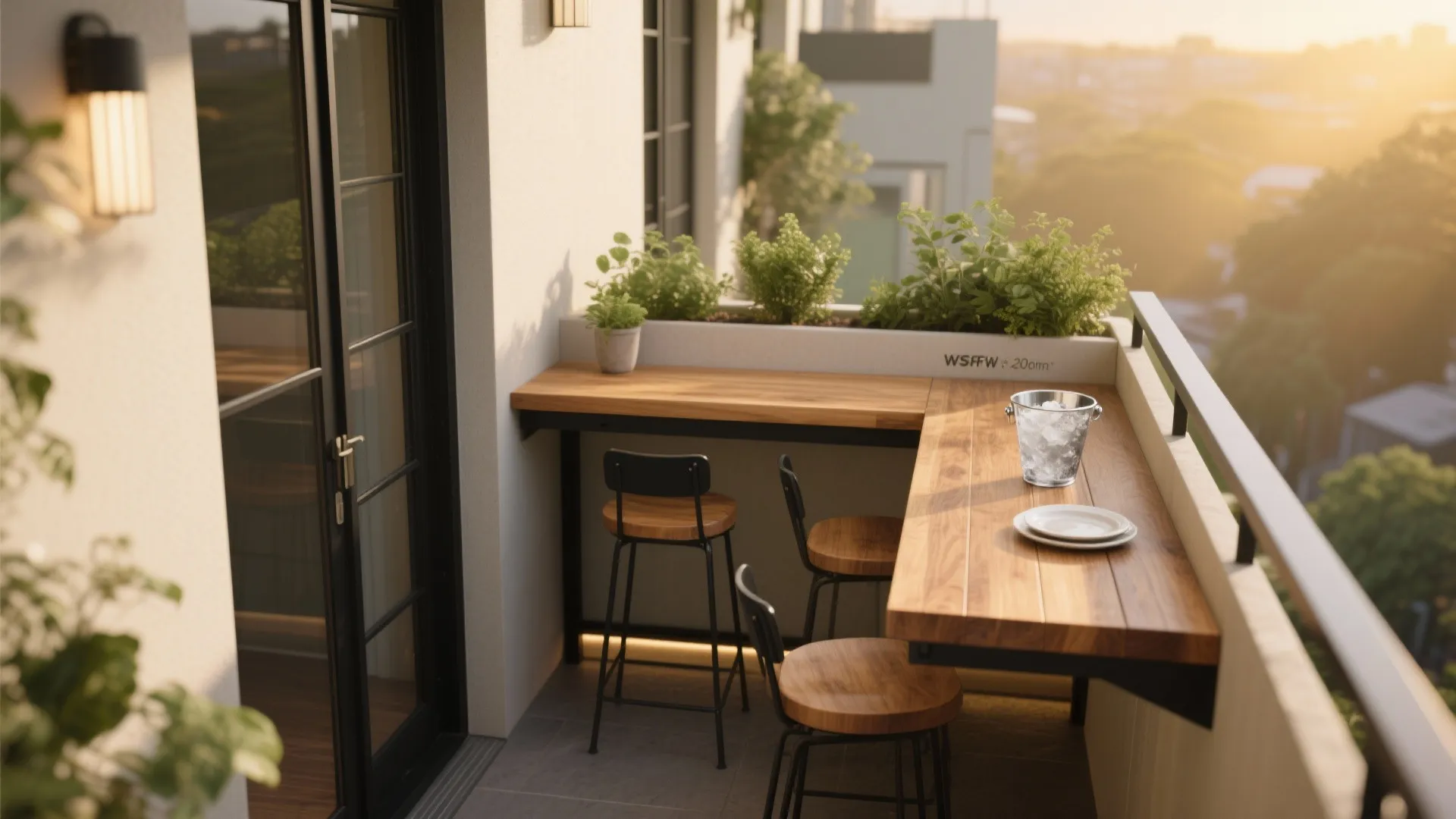 L-shaped balcony bar with a mitered corner and clear path by the sliding door.
