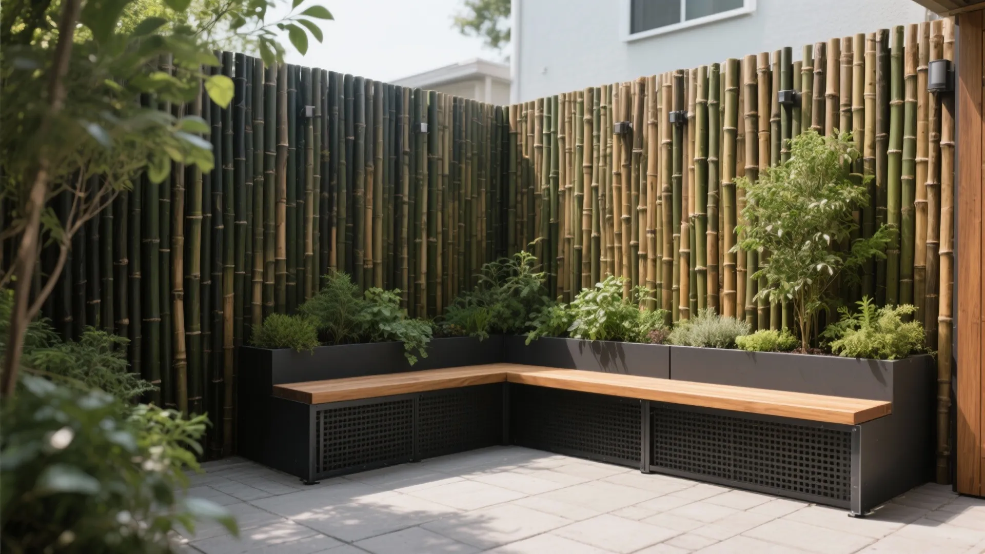 L-Shaped Bamboo Corner with Planter Bench