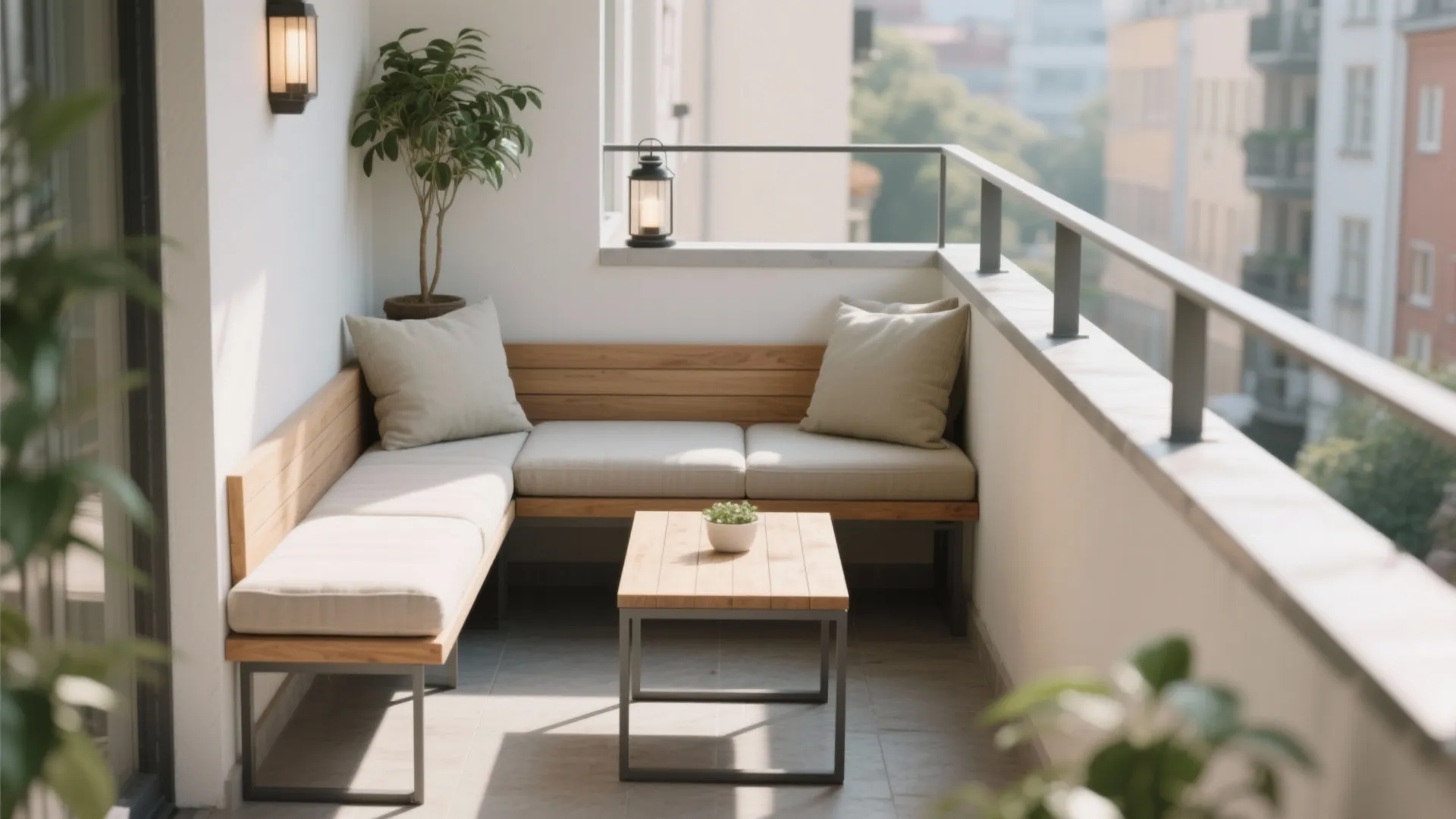 L-shaped corner bench for tiny balconies