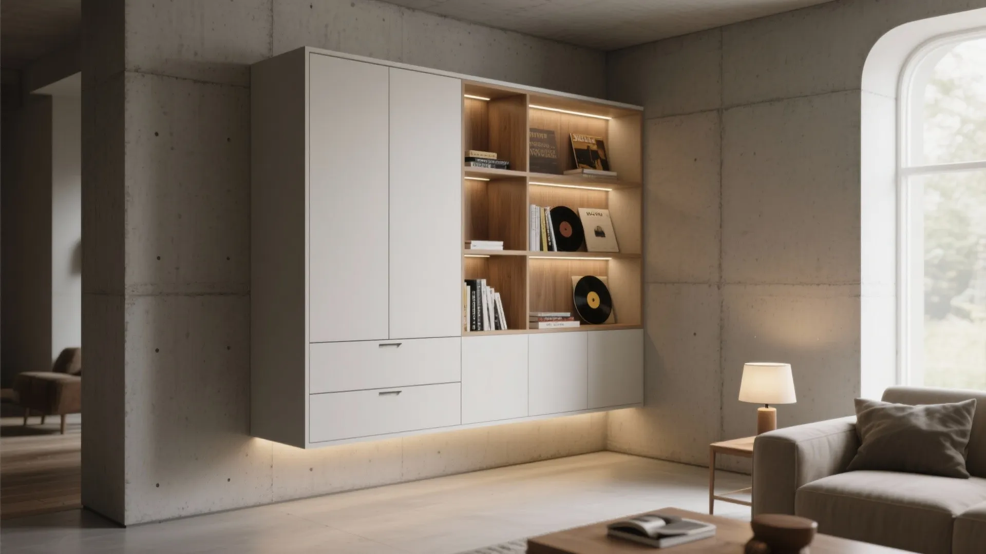 White wall mounted cabinet with wooden open shelves showing vinyl records in a modern room