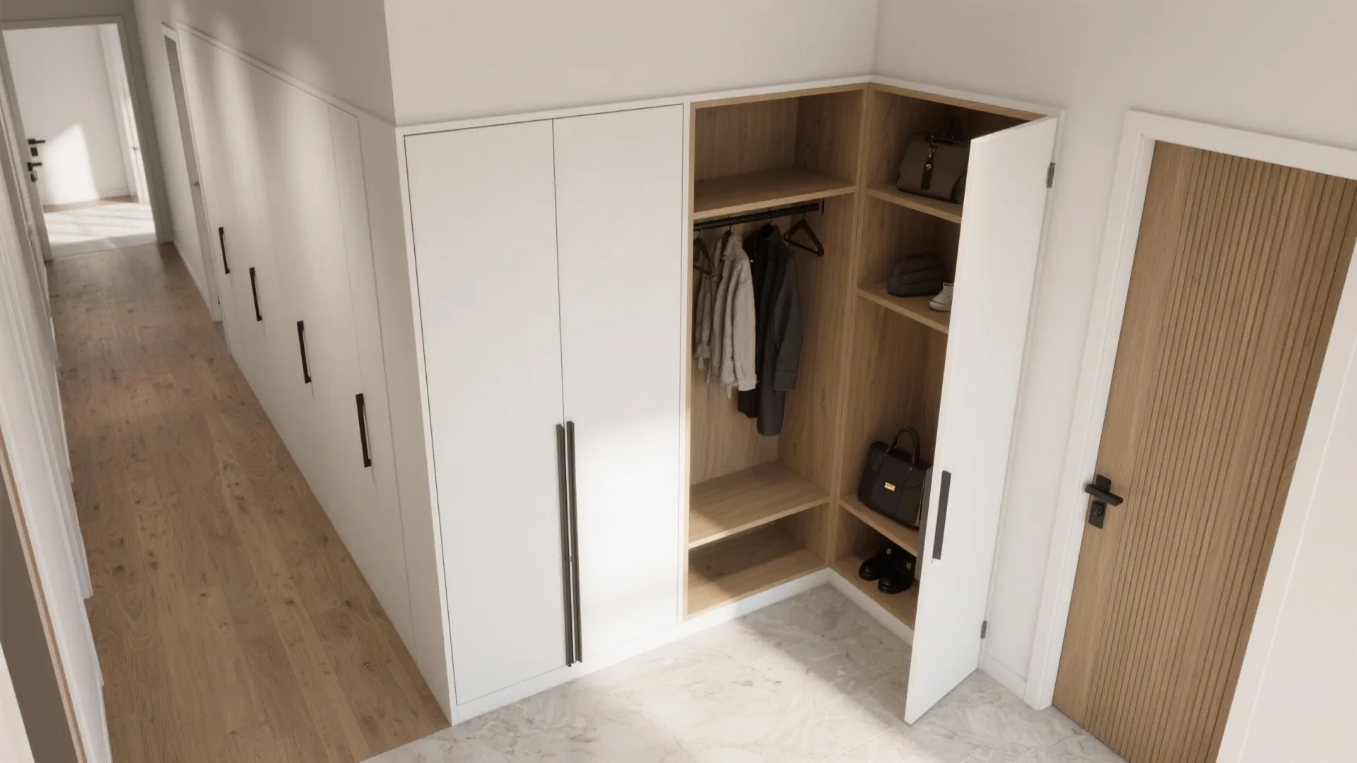 White L-shaped corner cabinet with open wooden shelves for hanging clothes bags and shoe storage