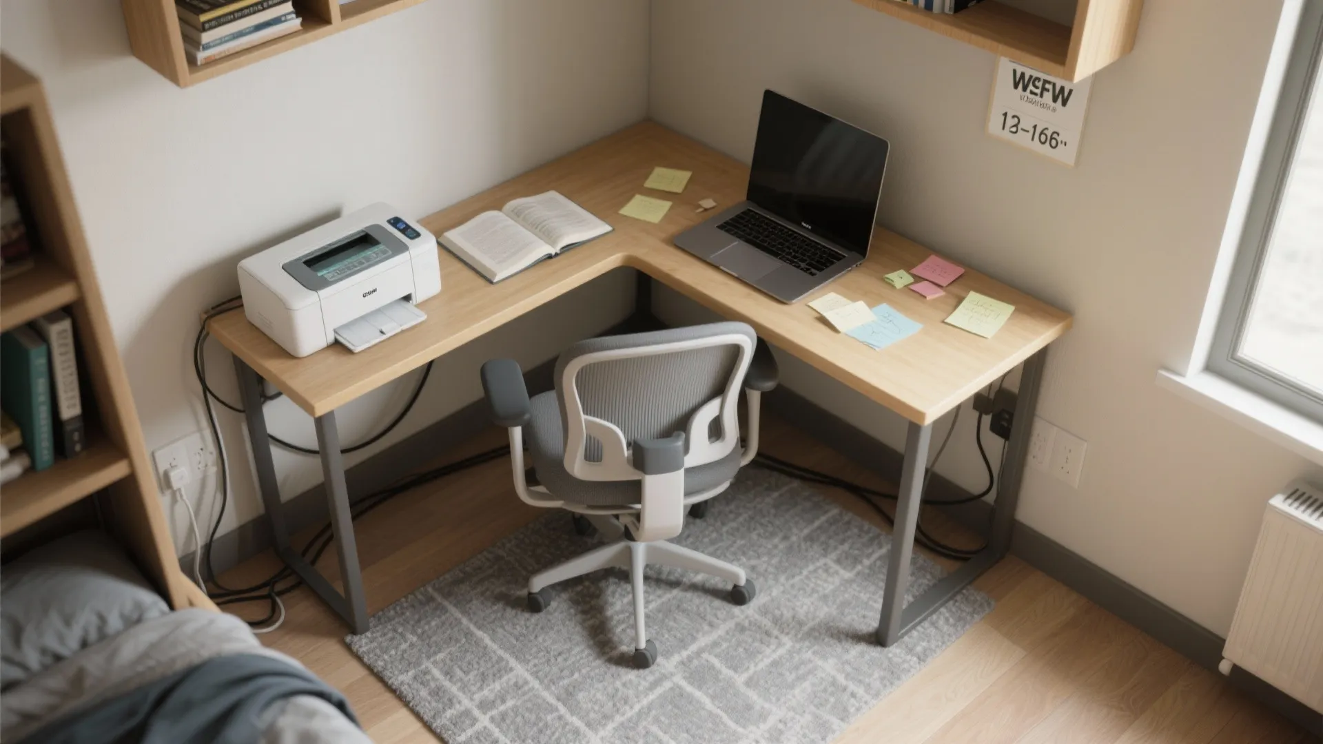 L-shaped micro desk in an underused corner