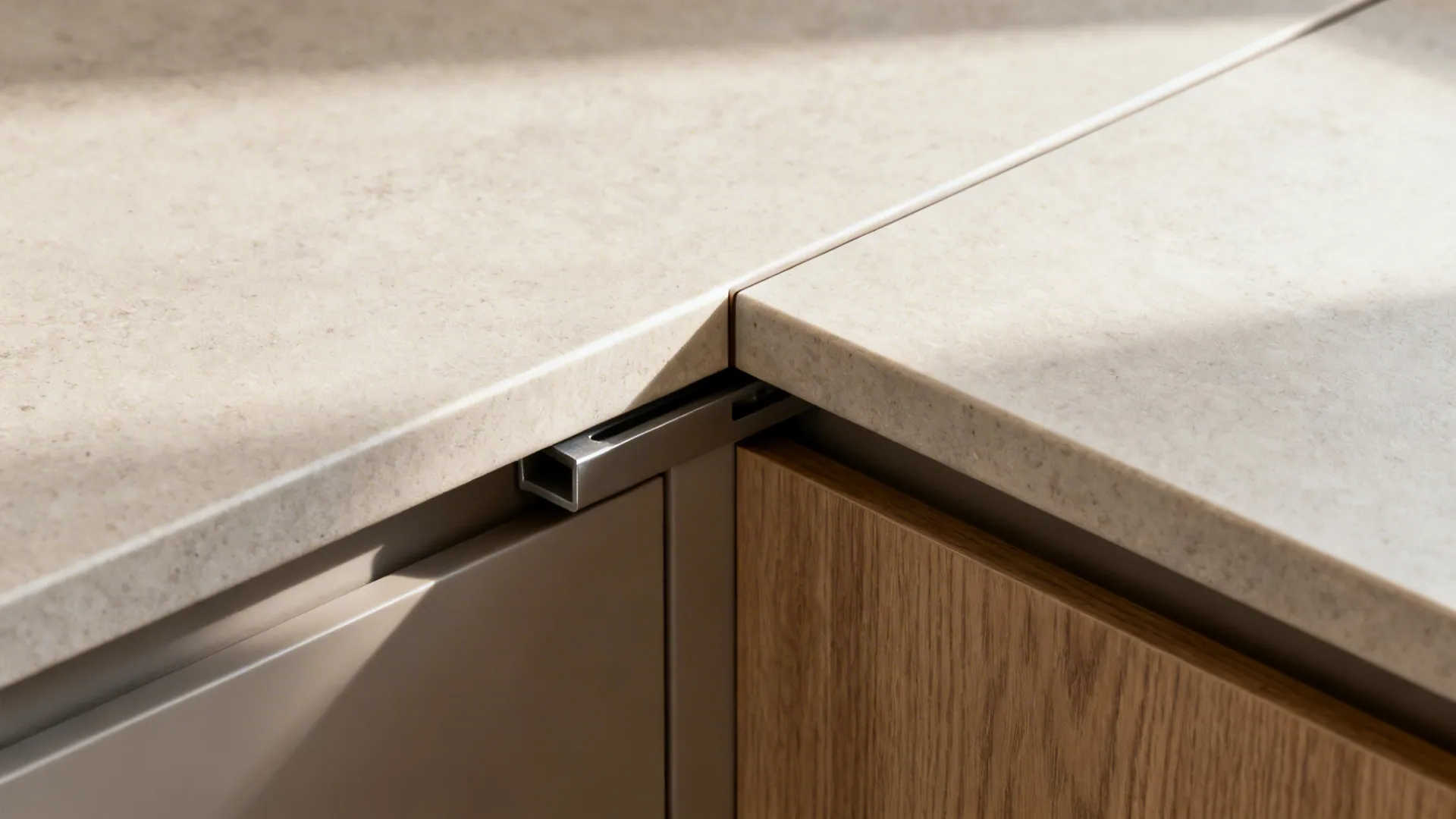 Close-up of an L-shaped counter corner with tight seam and concealed support.