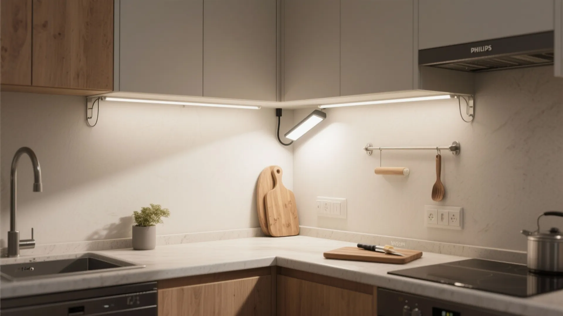 L-shaped kitchen with Comet light focused into the corner, creating a bright cutting zone.