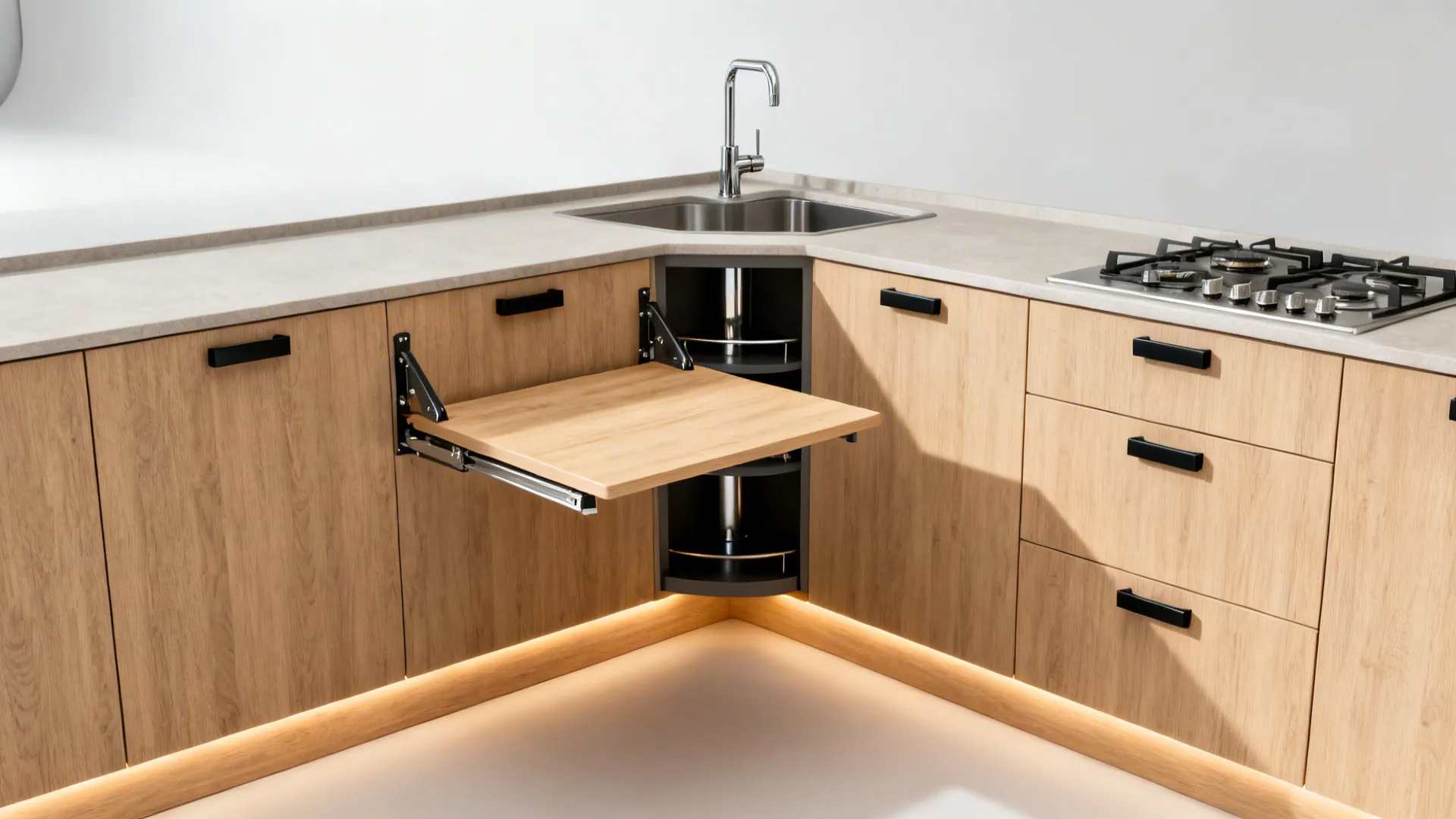 Compact L-shaped studio kitchen with a fold-out counter leaf and clear circulation around the corner.
