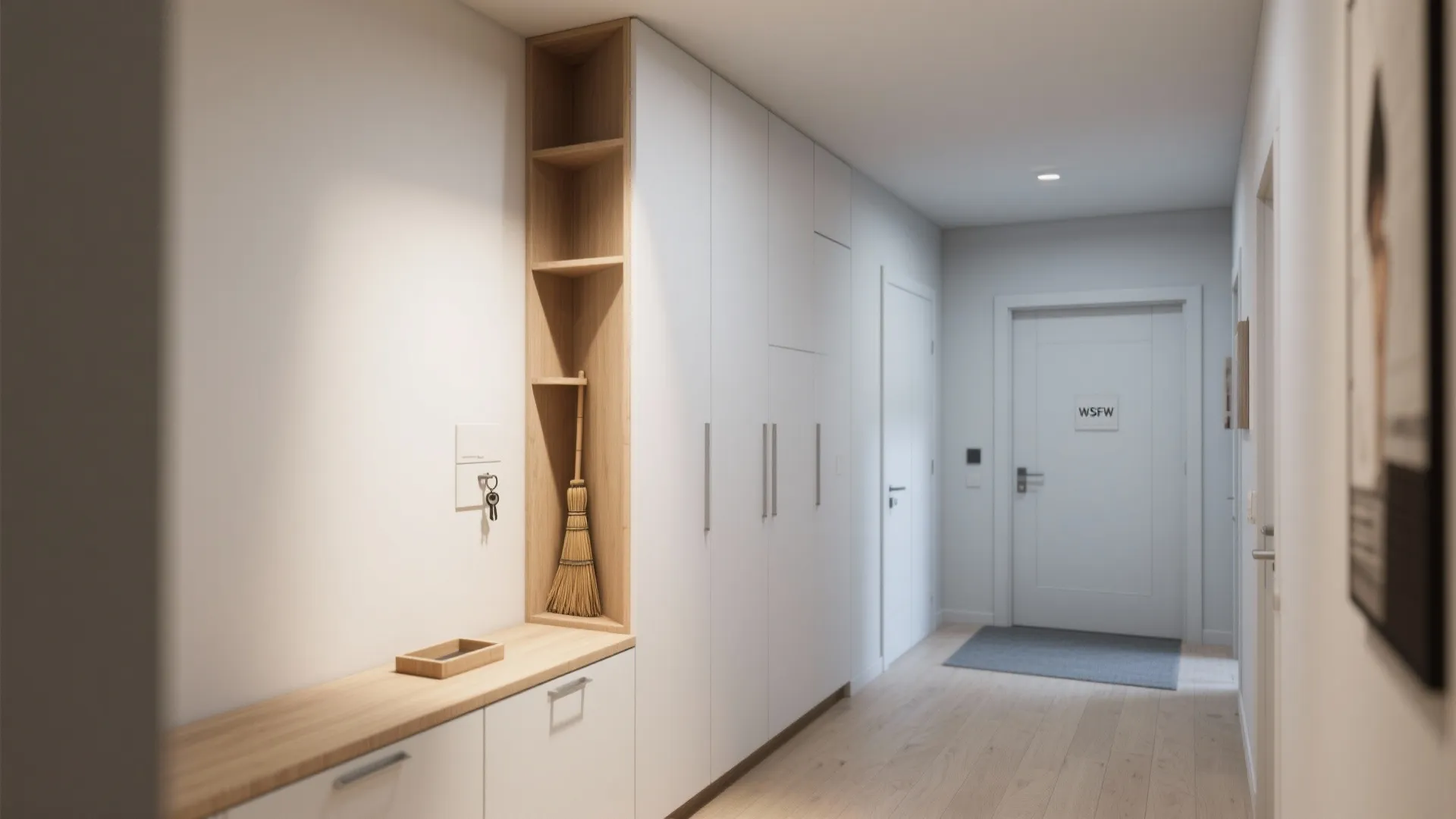 Bright hallway with white built-in storage cabinets wooden shelves light wood floor and white door