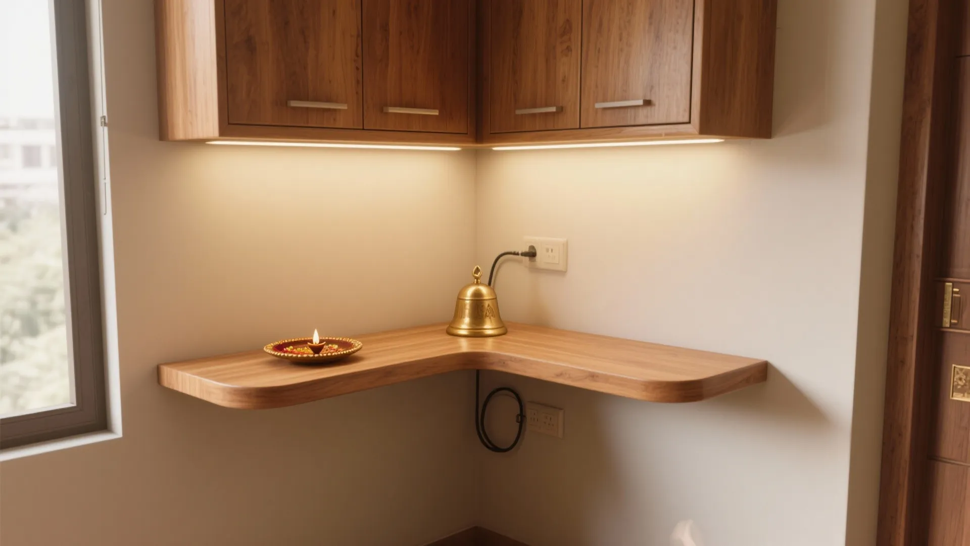 Wooden corner shelf with a small bell and oil lamp under hanging brown wall cabinets