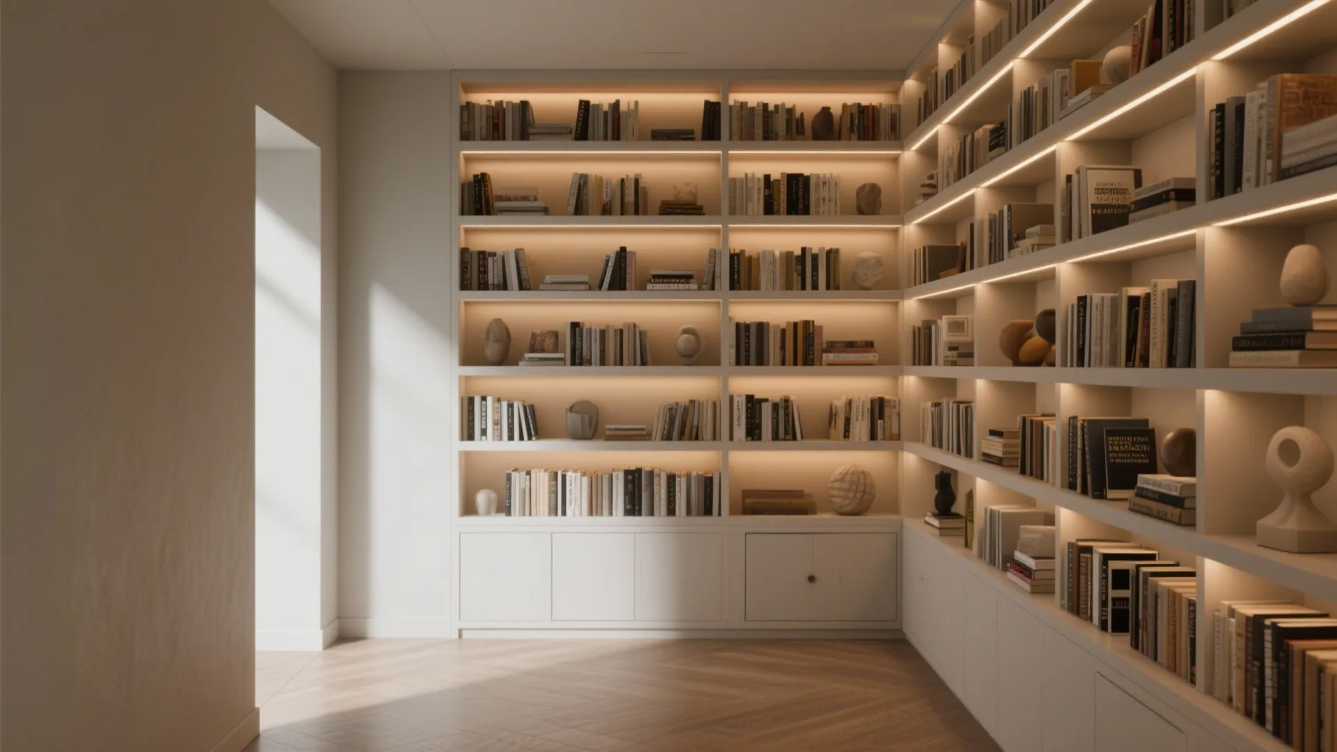 Modern corner bookshelves with warm light fixtures filled with books and decor on wood floor
