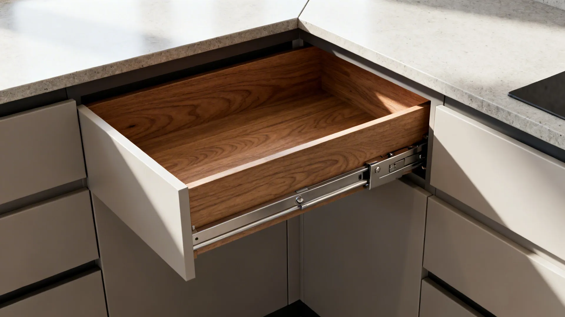 Close-up of an L-kitchen corner drawer system with oak interior and stone-look top.