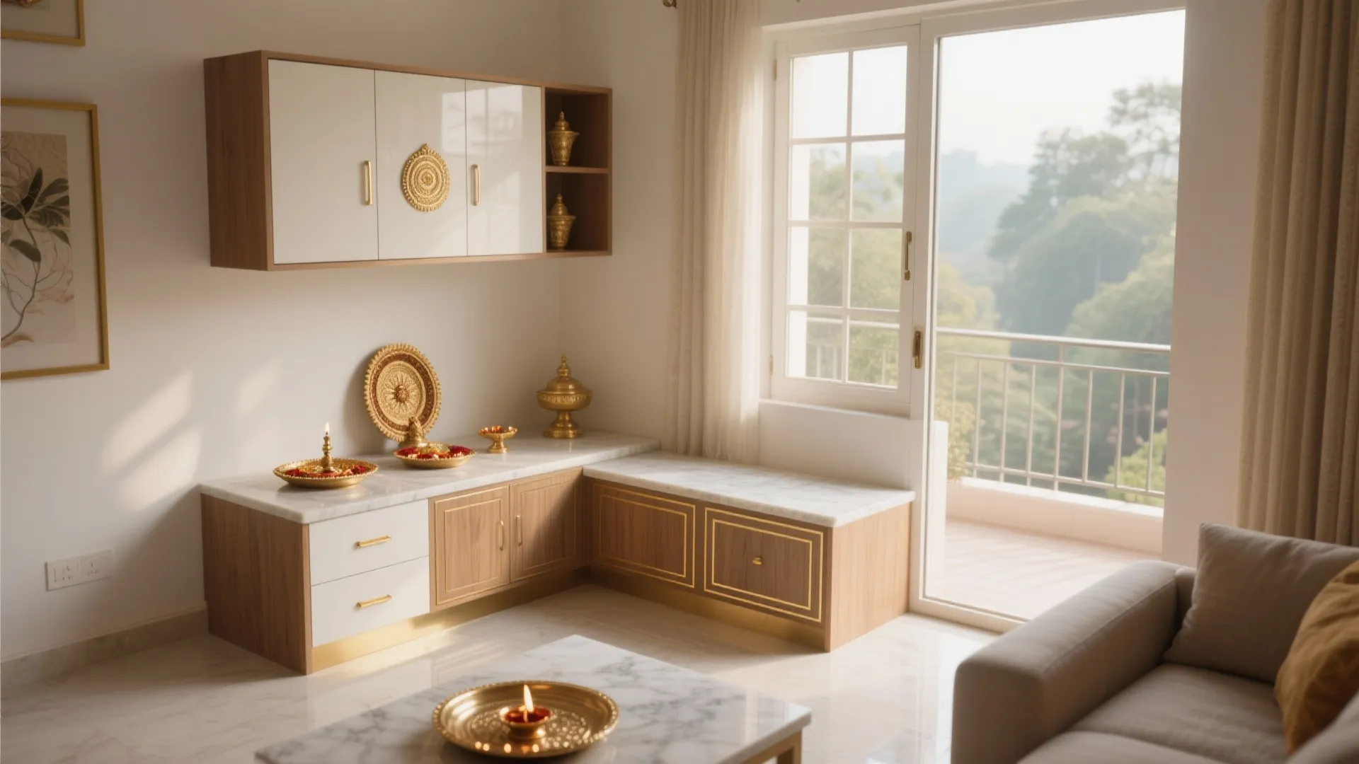 L-Shaped Pooja Corner in the Living Room